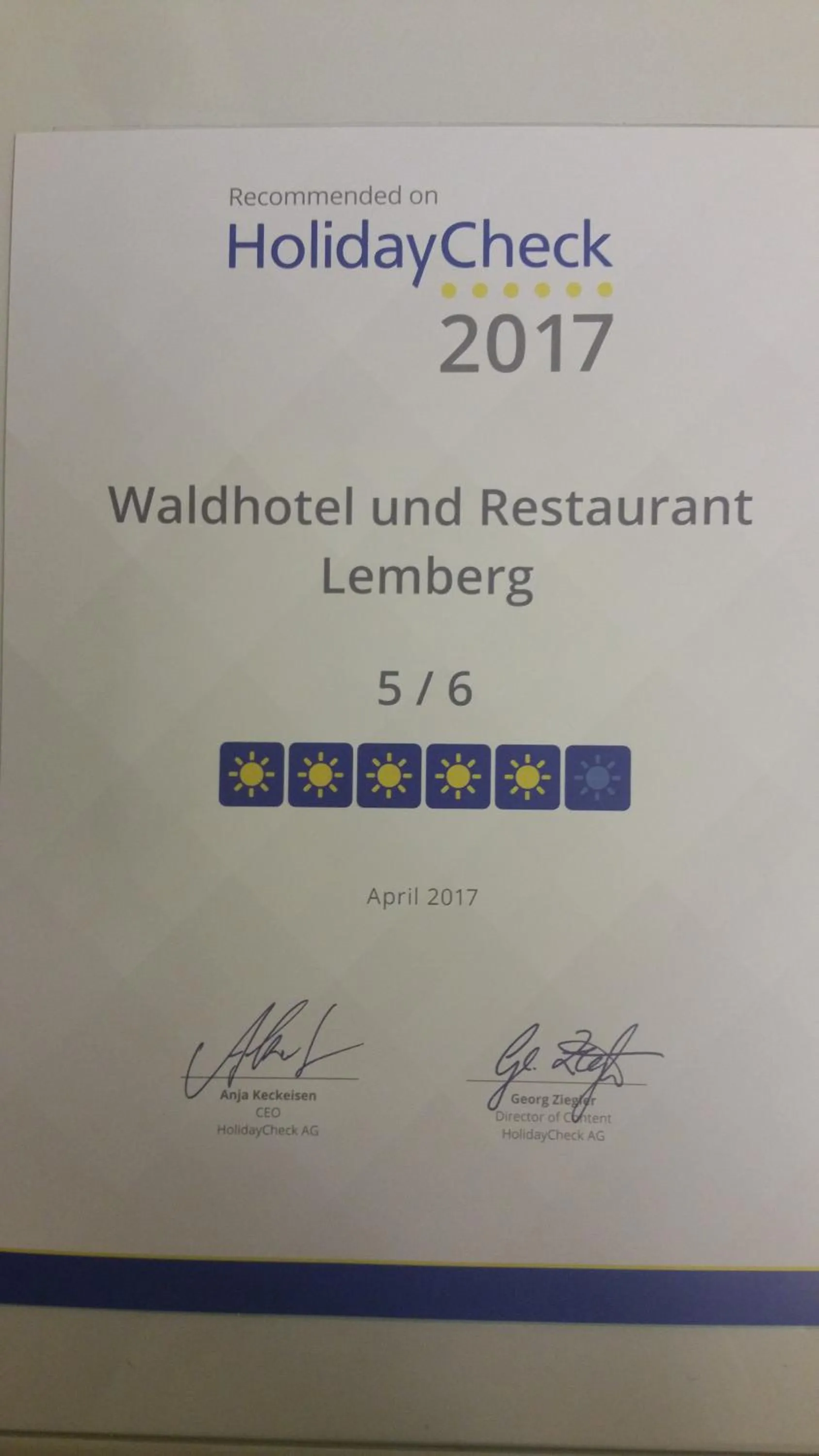 Certificate/Award in Waldhotel Lemberg