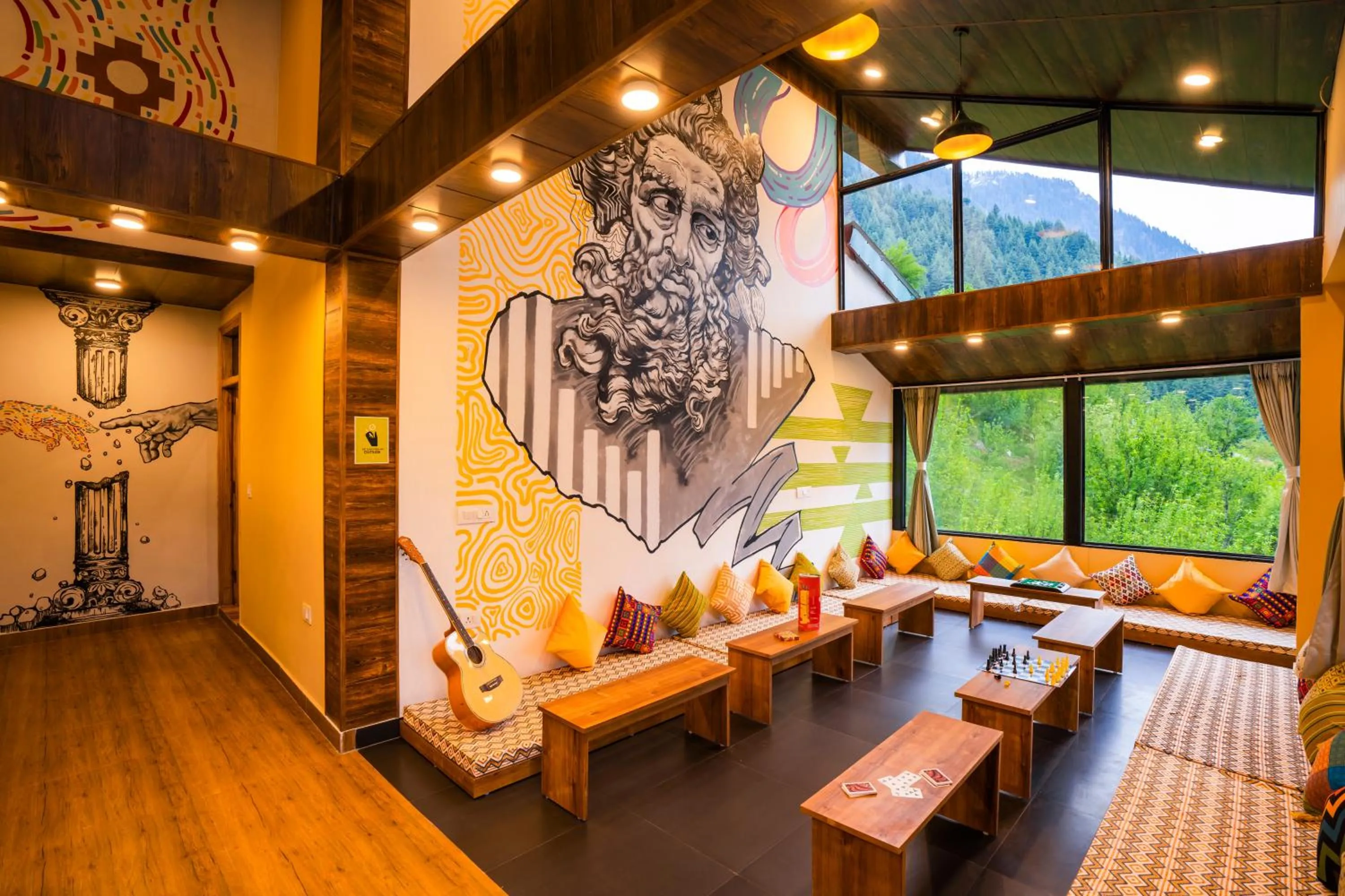 Seating area in Zostel Manali, Vashisht