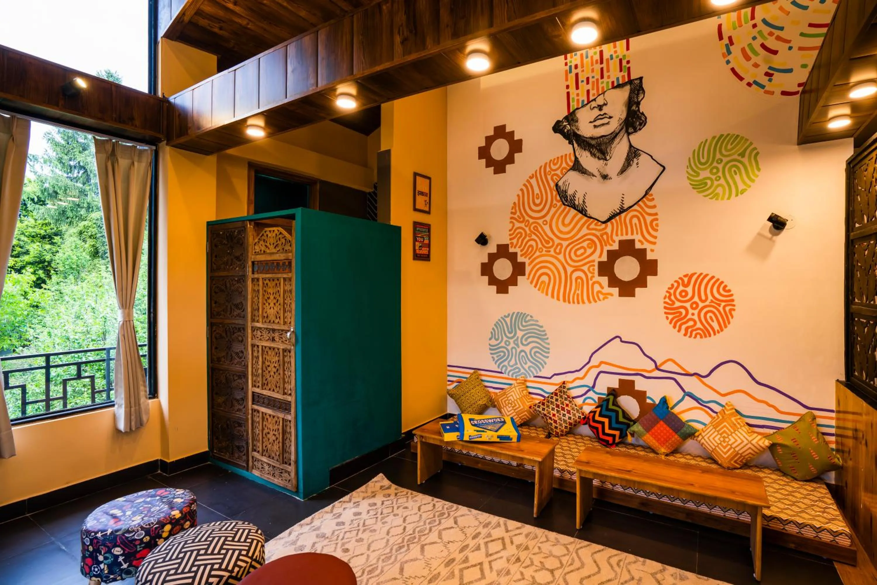 Seating area in Zostel Manali, Vashisht