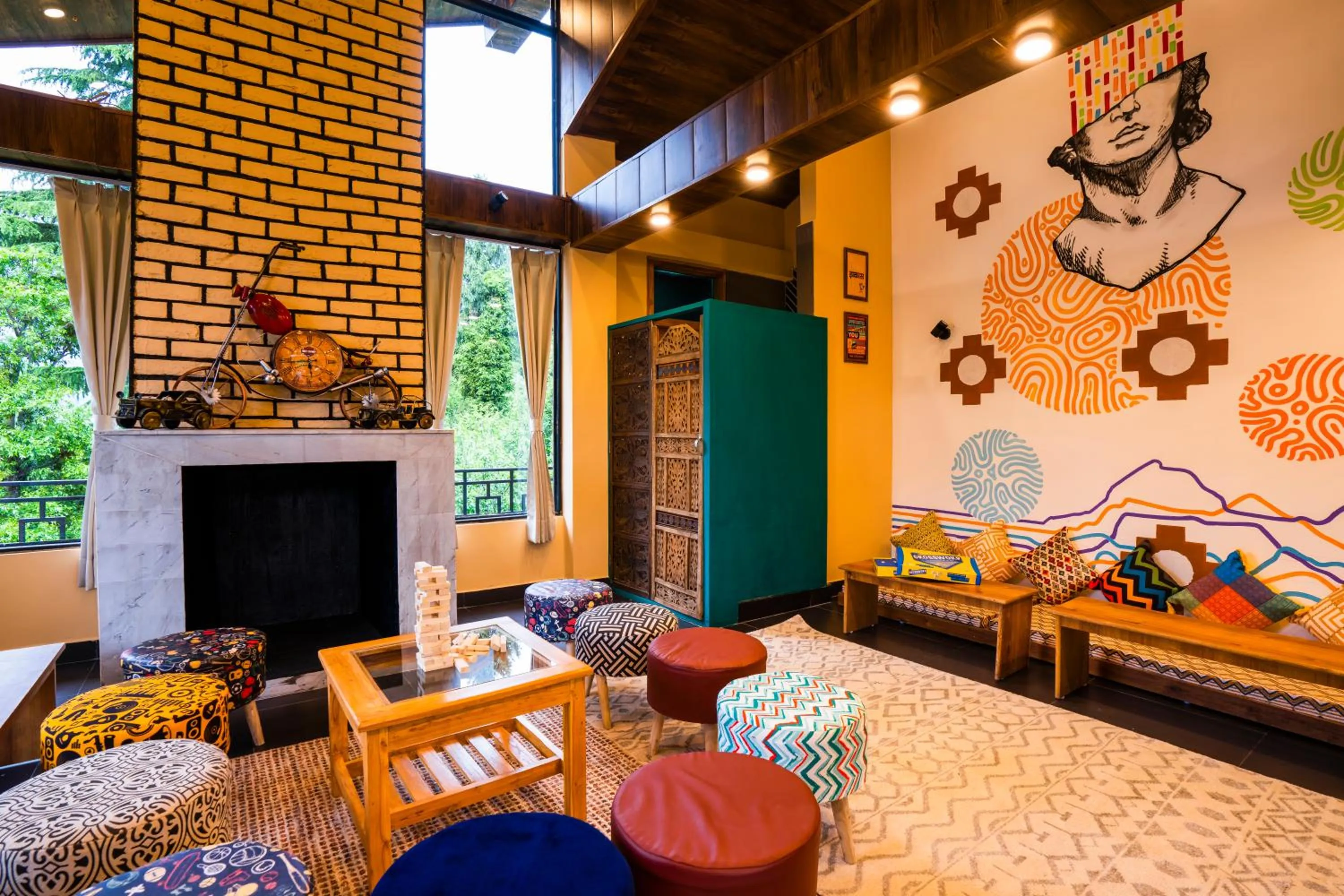 Seating area in Zostel Manali, Vashisht