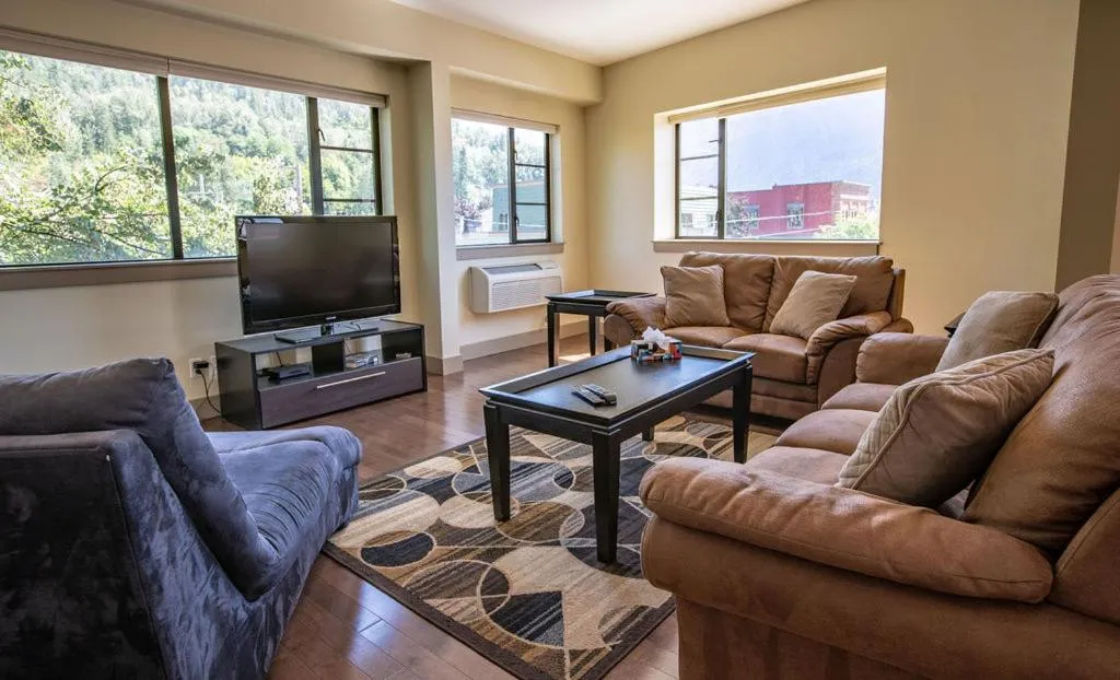 Seating area in Selkirk Snug by Revelstoke Vacations