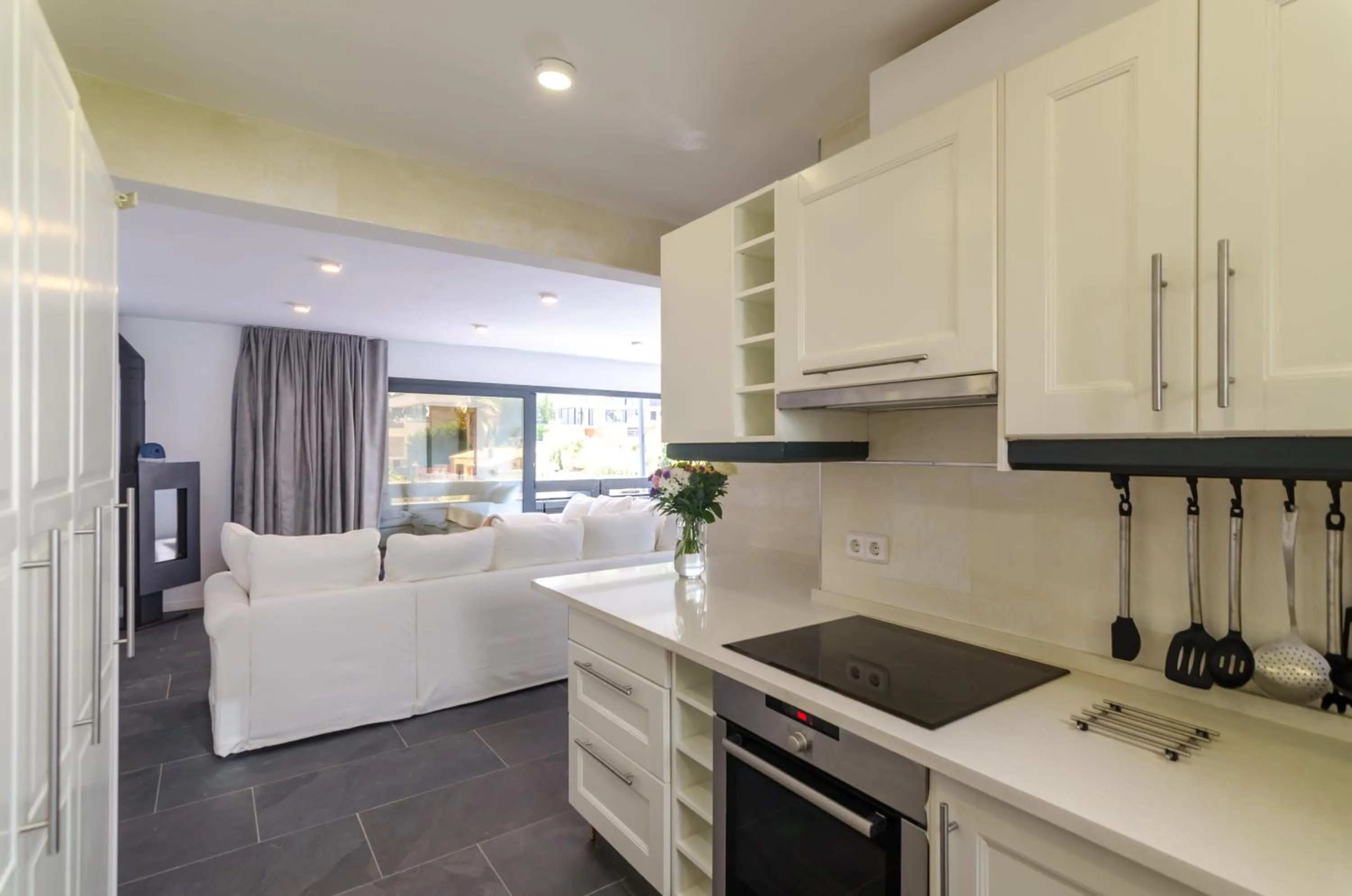 Kitchen or kitchenette in Seaside villa in Lloret de Mar with garden and pool view