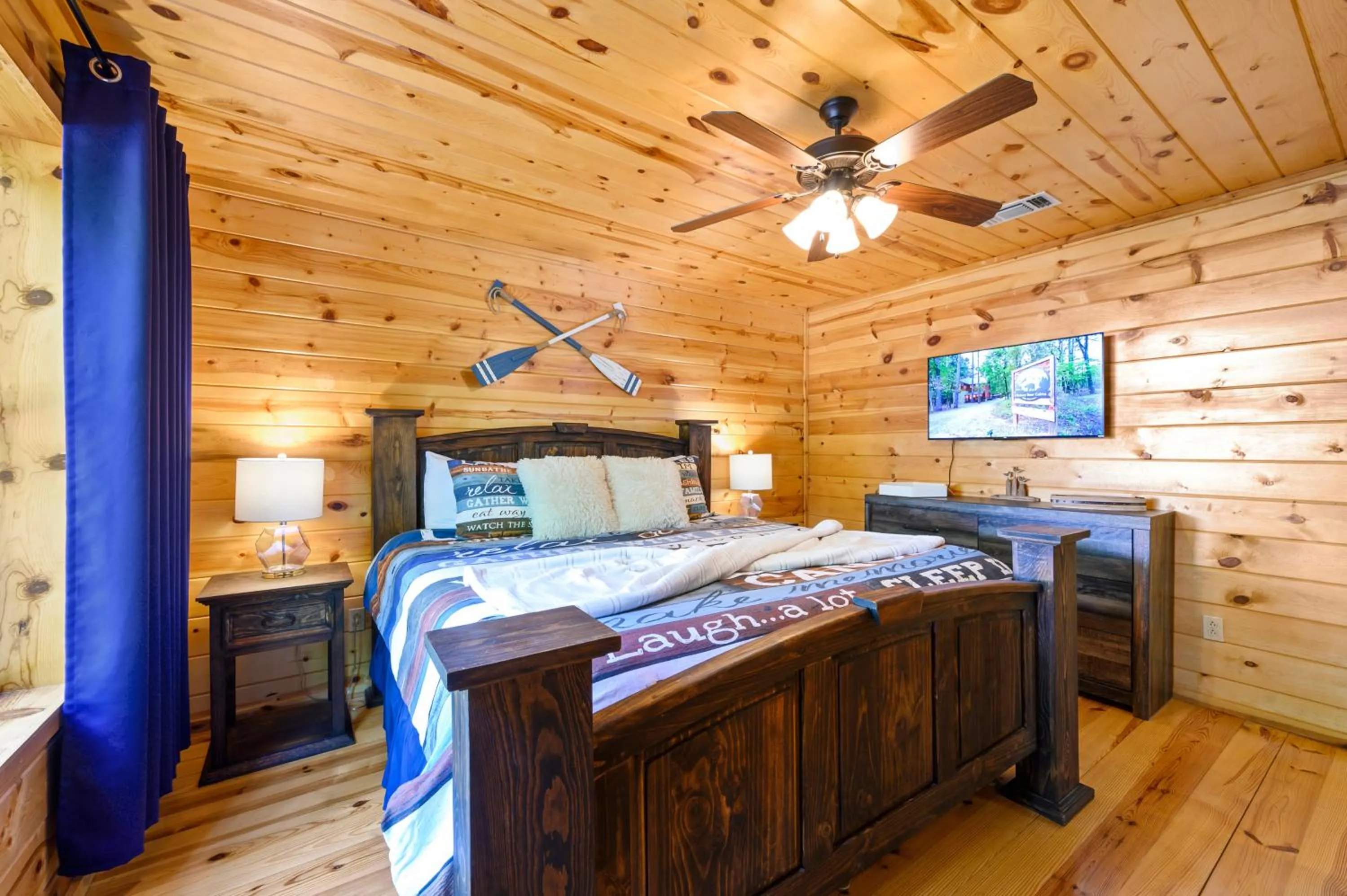 TV and multimedia, Bed in Hickory Bear - Cabin surrounded by pines, Sleeps 10, Hot Tub, Fire Pit, Arcade, Foosball Table & Deck Slide