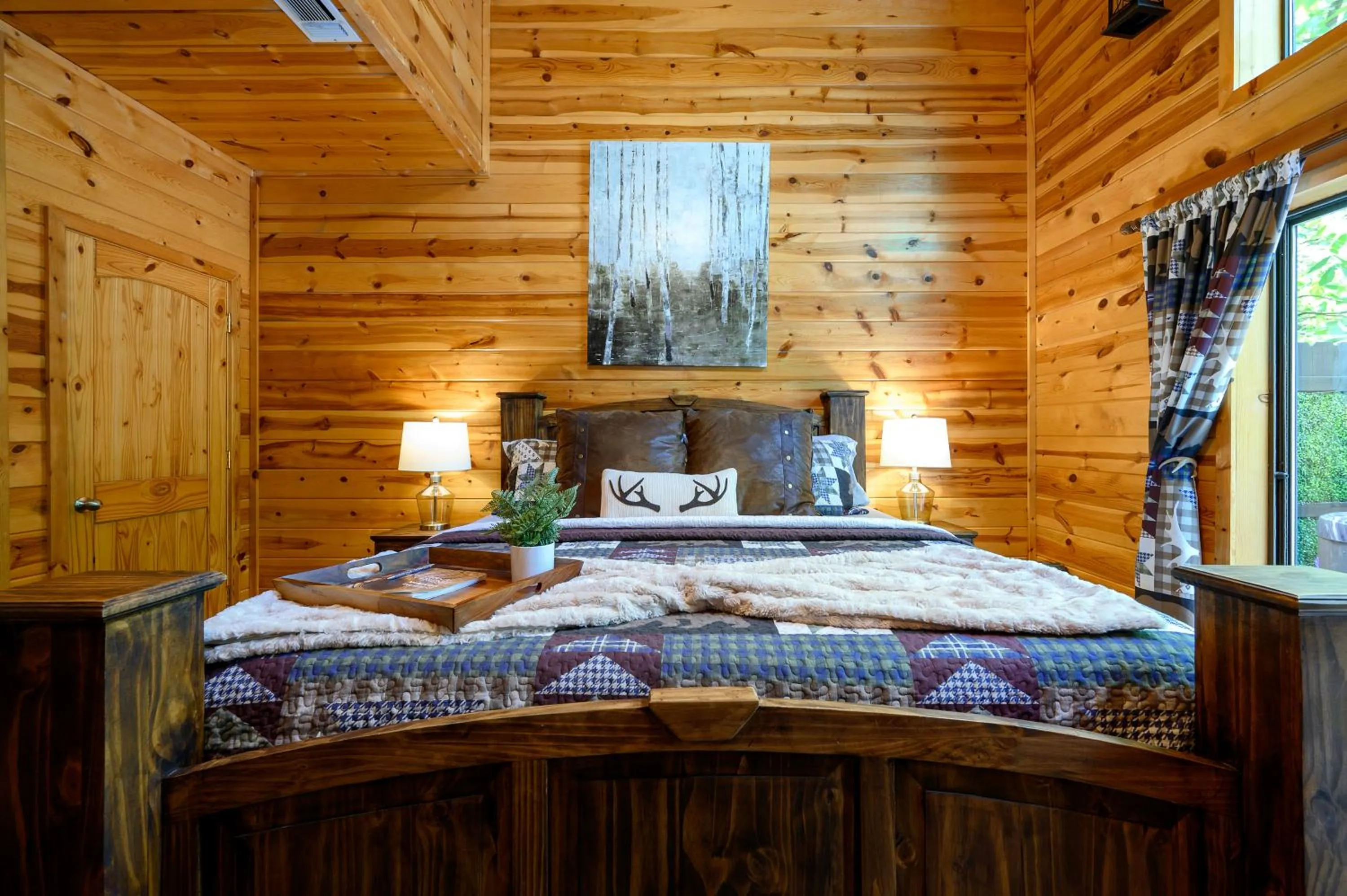 Bedroom, Bed in Hickory Bear - Cabin surrounded by pines, Sleeps 10, Hot Tub, Fire Pit, Arcade, Foosball Table & Deck Slide