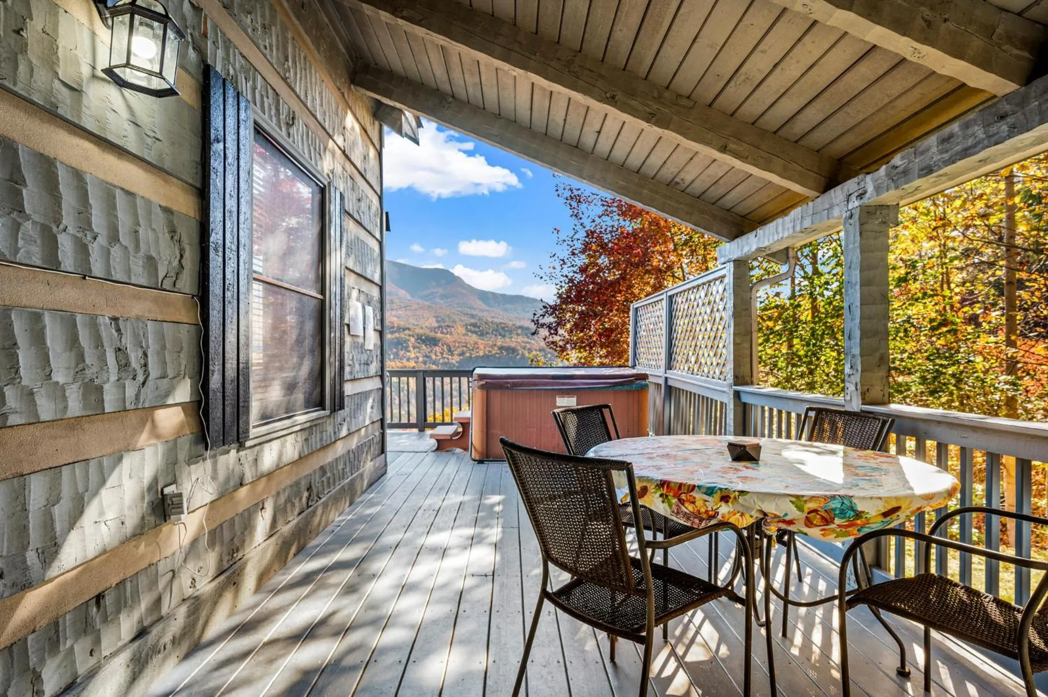 Patio in Barenberg Cabin - Secluded Unobstructed Panoramic Smoky Mountains View with Two Master Suites, Loft Game Room, and Hot Tub