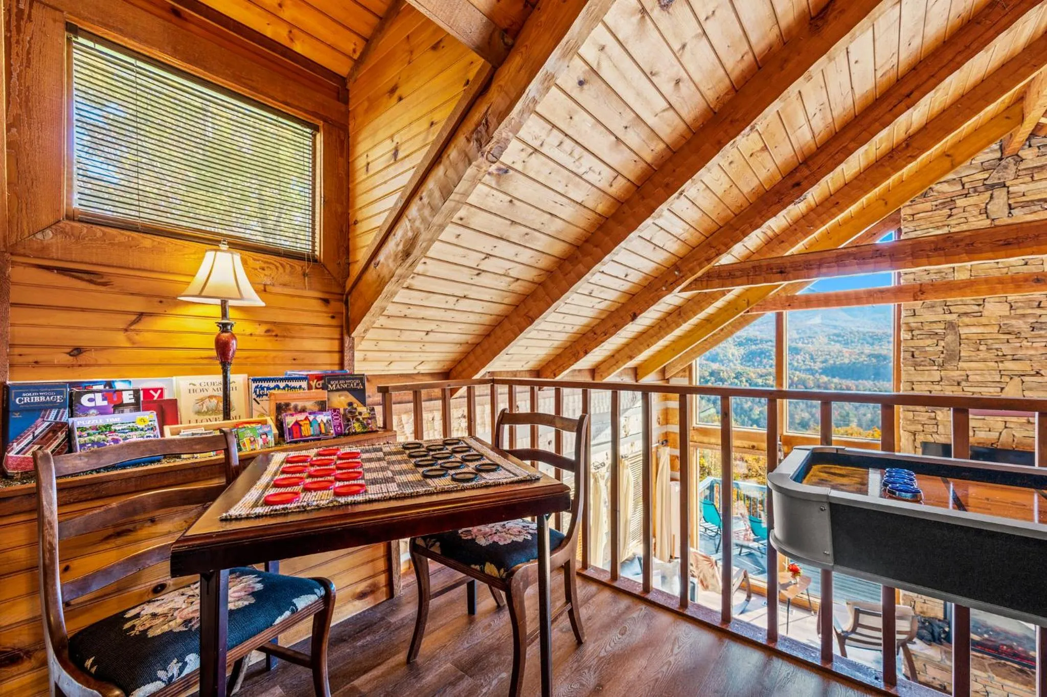 Game Room in Barenberg Cabin - Secluded Unobstructed Panoramic Smoky Mountains View with Two Master Suites, Loft Game Room, and Hot Tub