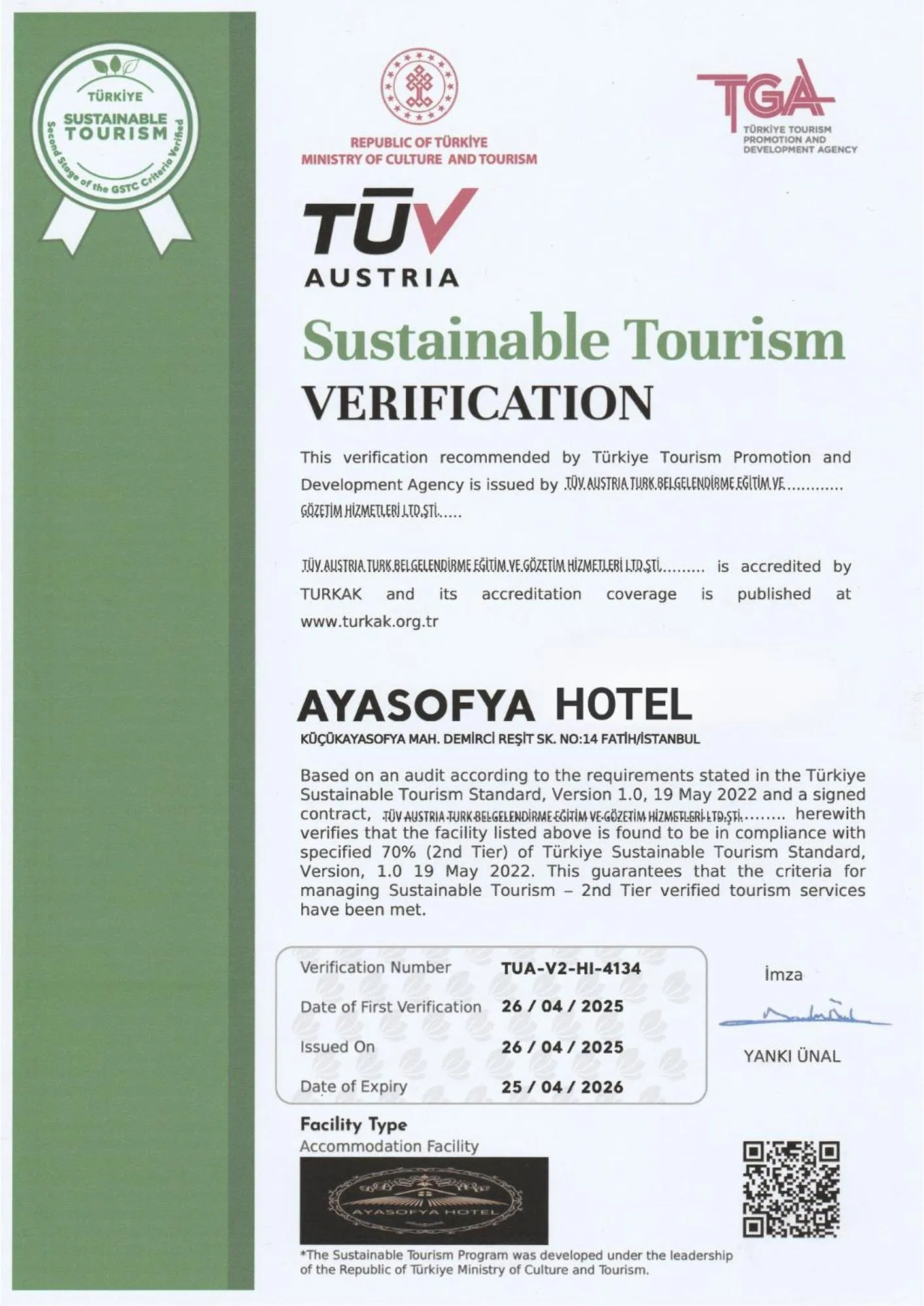 Certificate/Award in Ayasofya Hotel - Special Class
