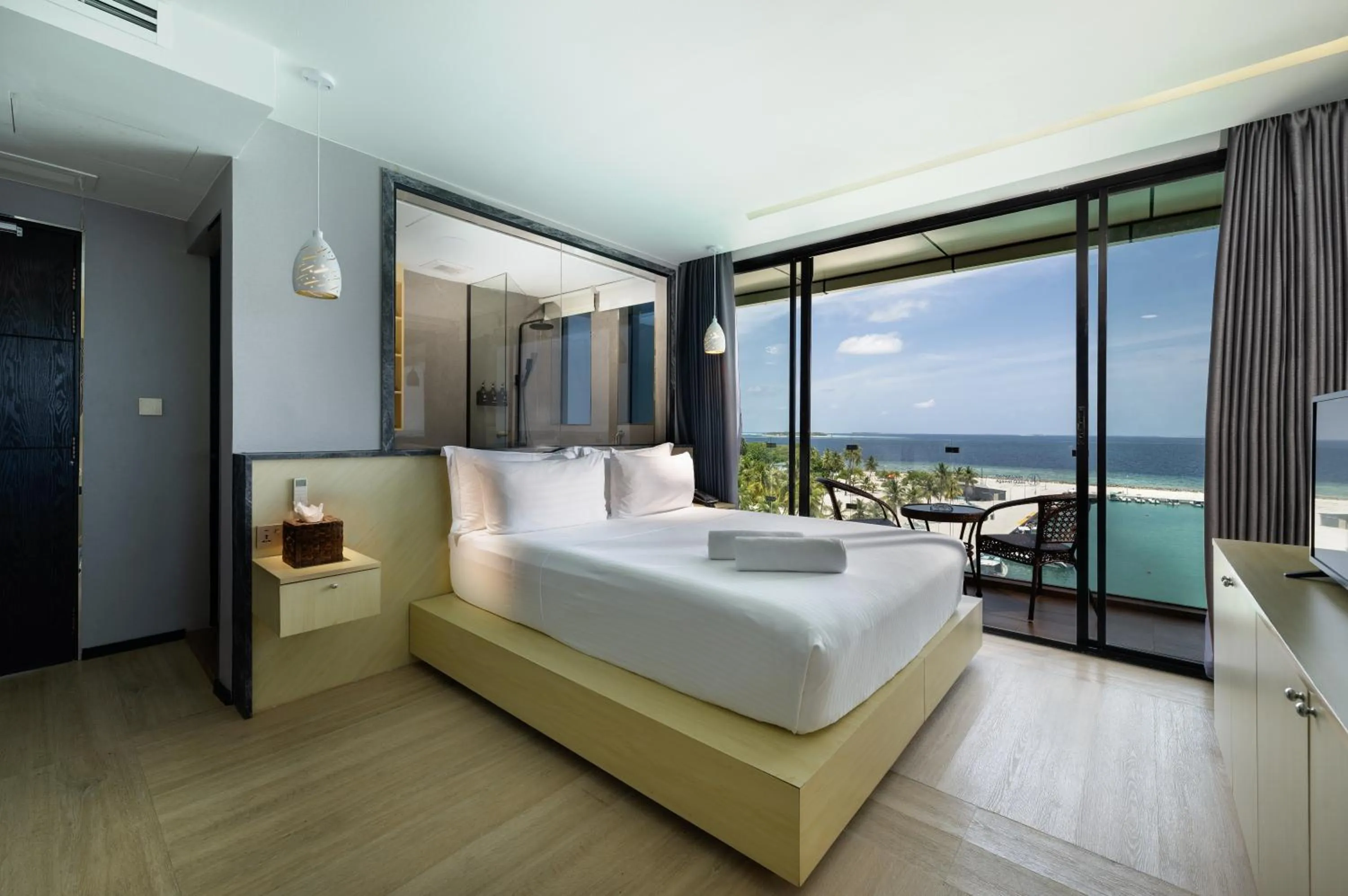 Balcony/Terrace, Bed in Swarn by Hawks Hotels Kamadhoo Baa Atoll