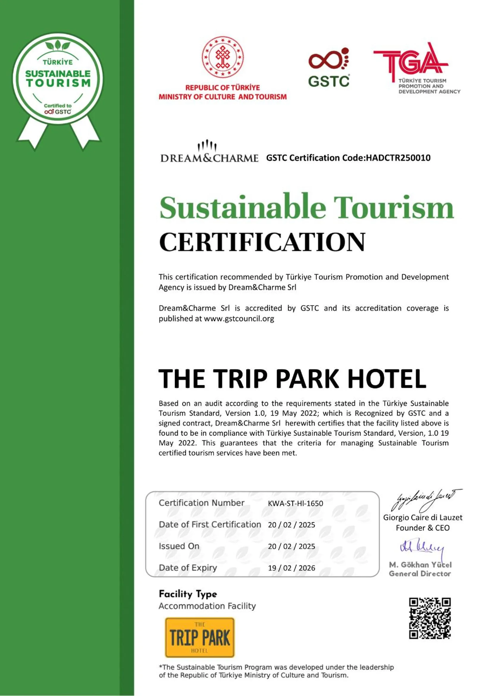 Certificate/Award in Trip Park Hotel