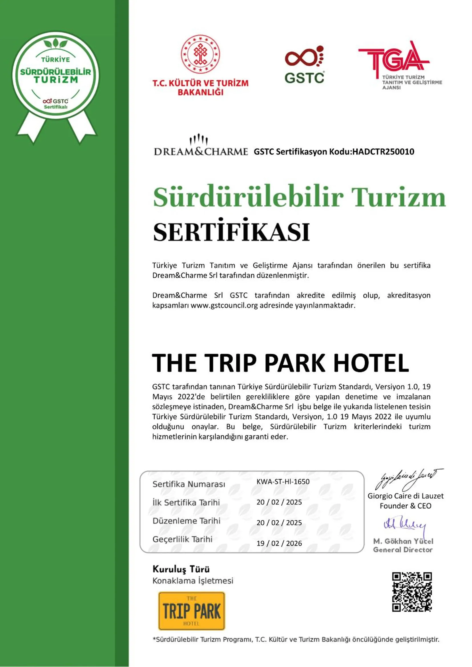 Certificate/Award in Trip Park Hotel