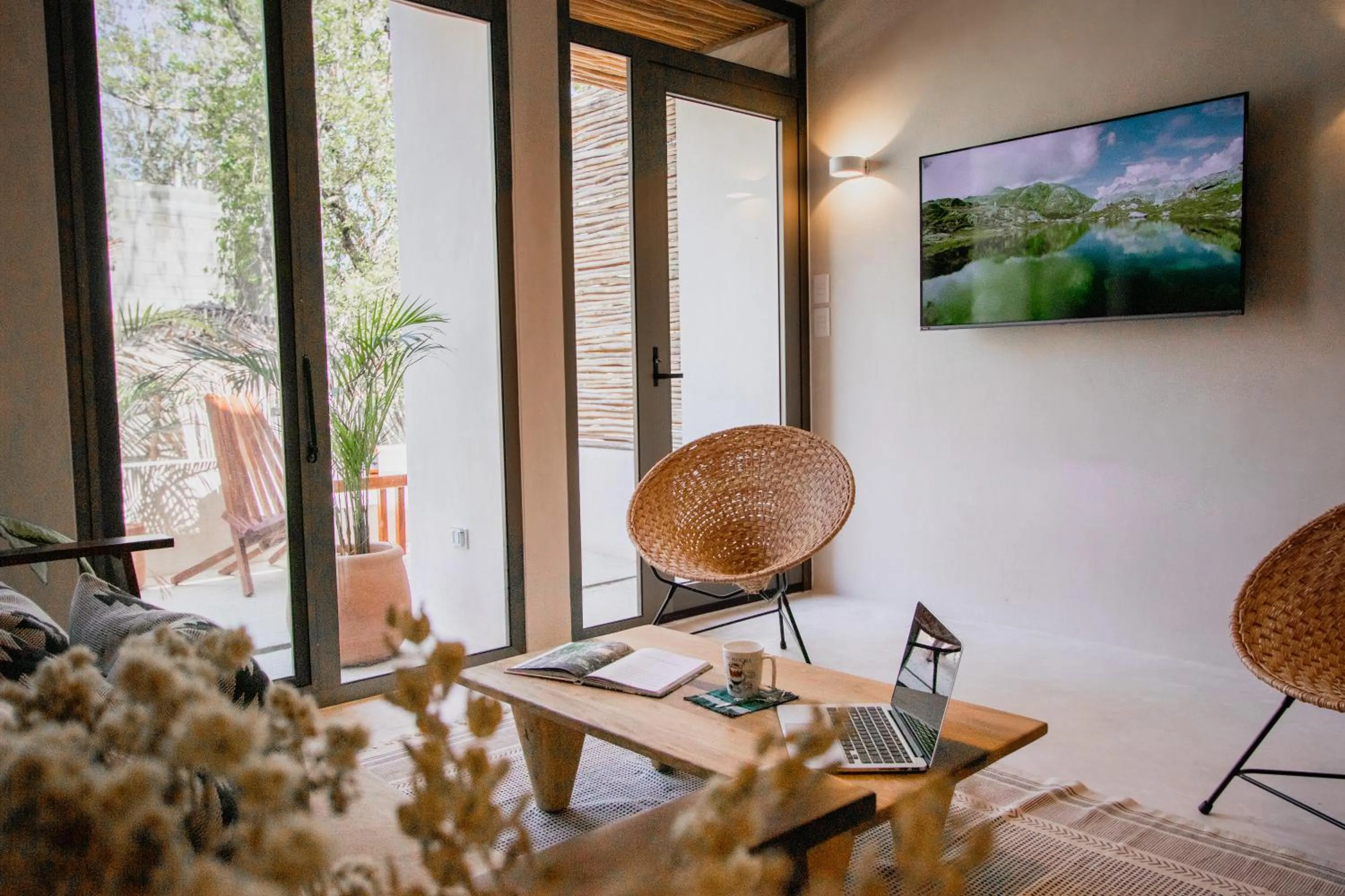 Living room in Spacious 2BR apt · Wide balcony w/tub & Yoga deck