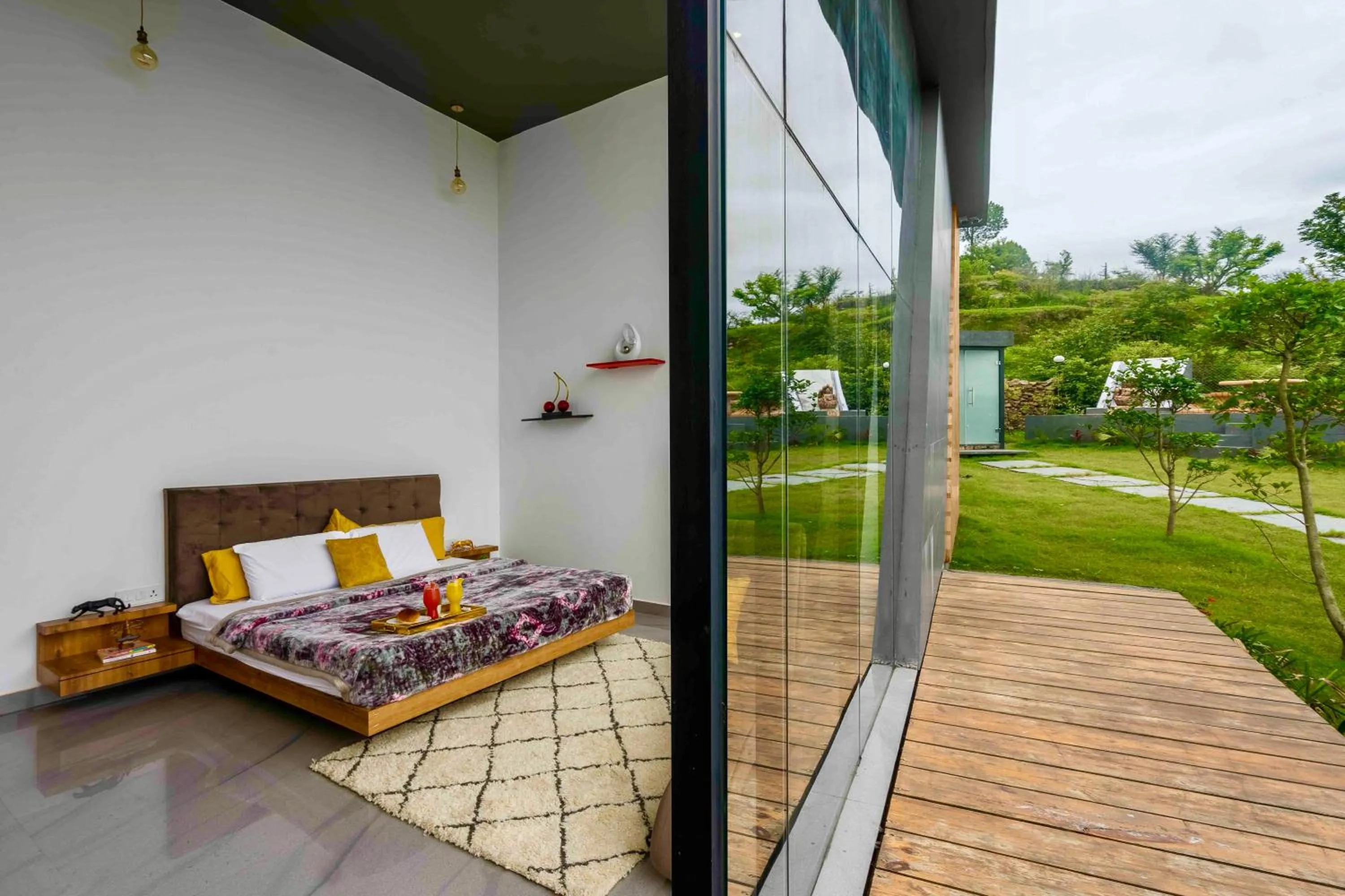 Bed in SaffronStays Glasshouse Celeste, Ranikhet - luxurious glass villa with breathtaking views