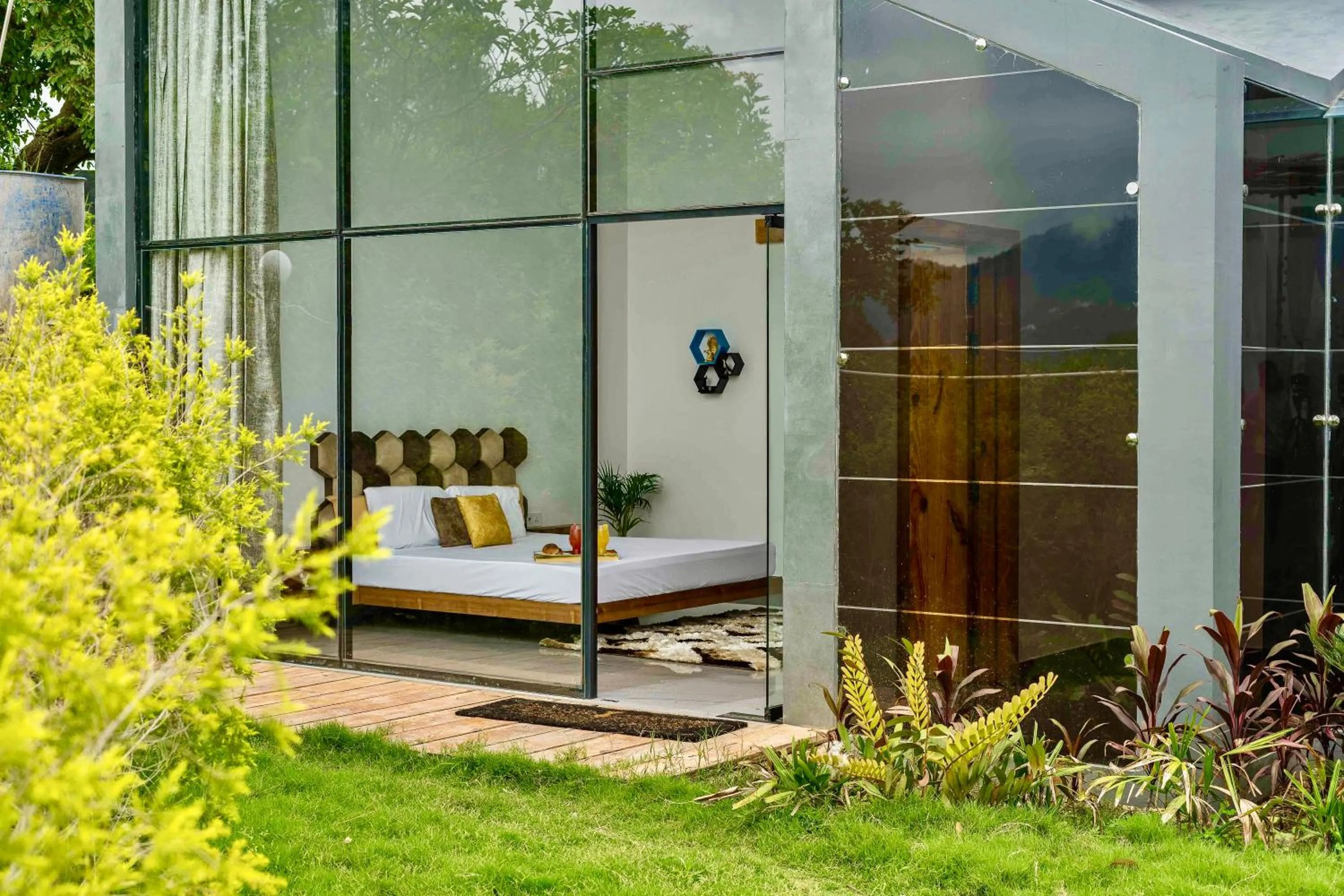 Bed in SaffronStays Glasshouse Celeste, Ranikhet - luxurious glass villa with breathtaking views