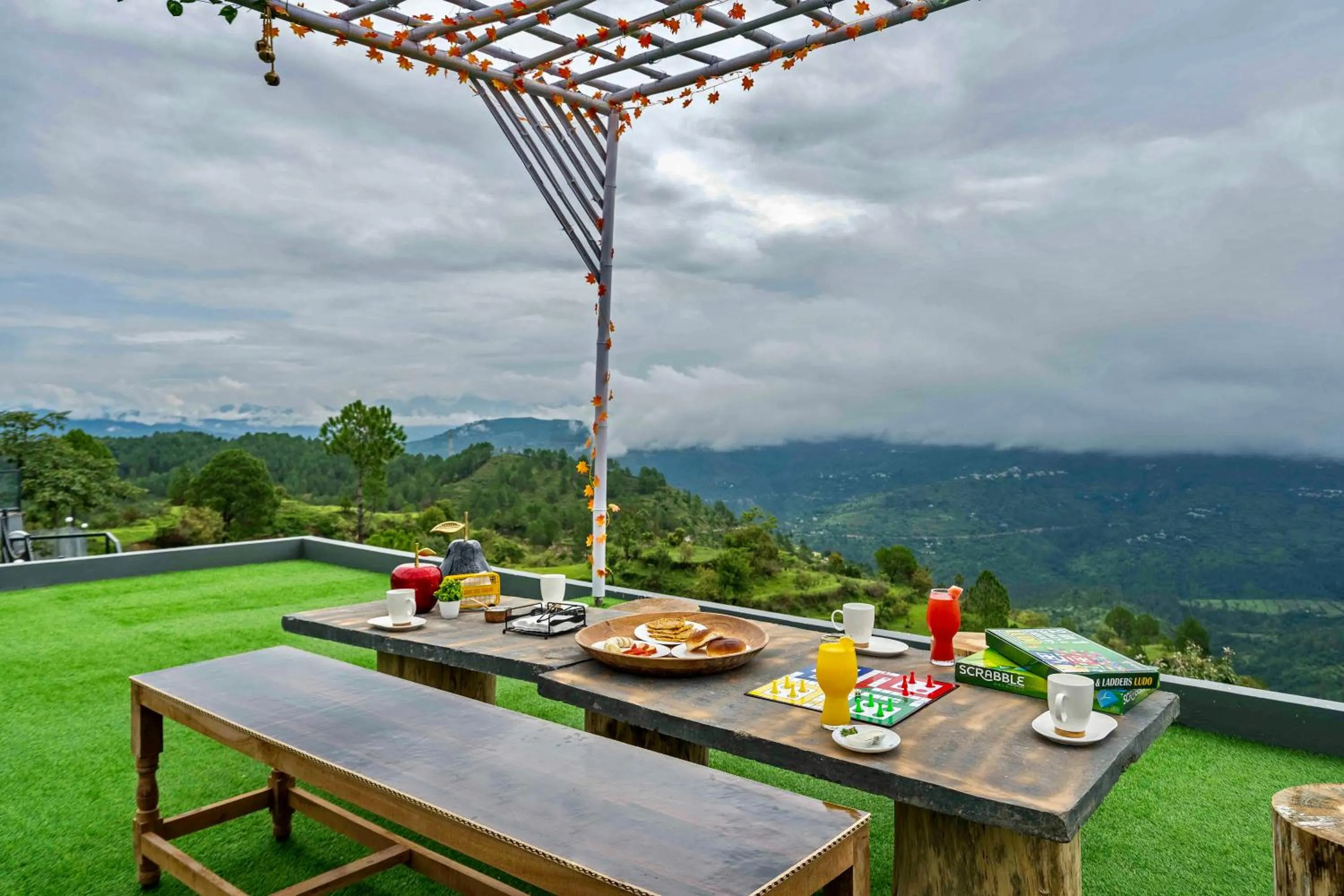 Patio in SaffronStays Glasshouse Celeste, Ranikhet - luxurious glass villa with breathtaking views