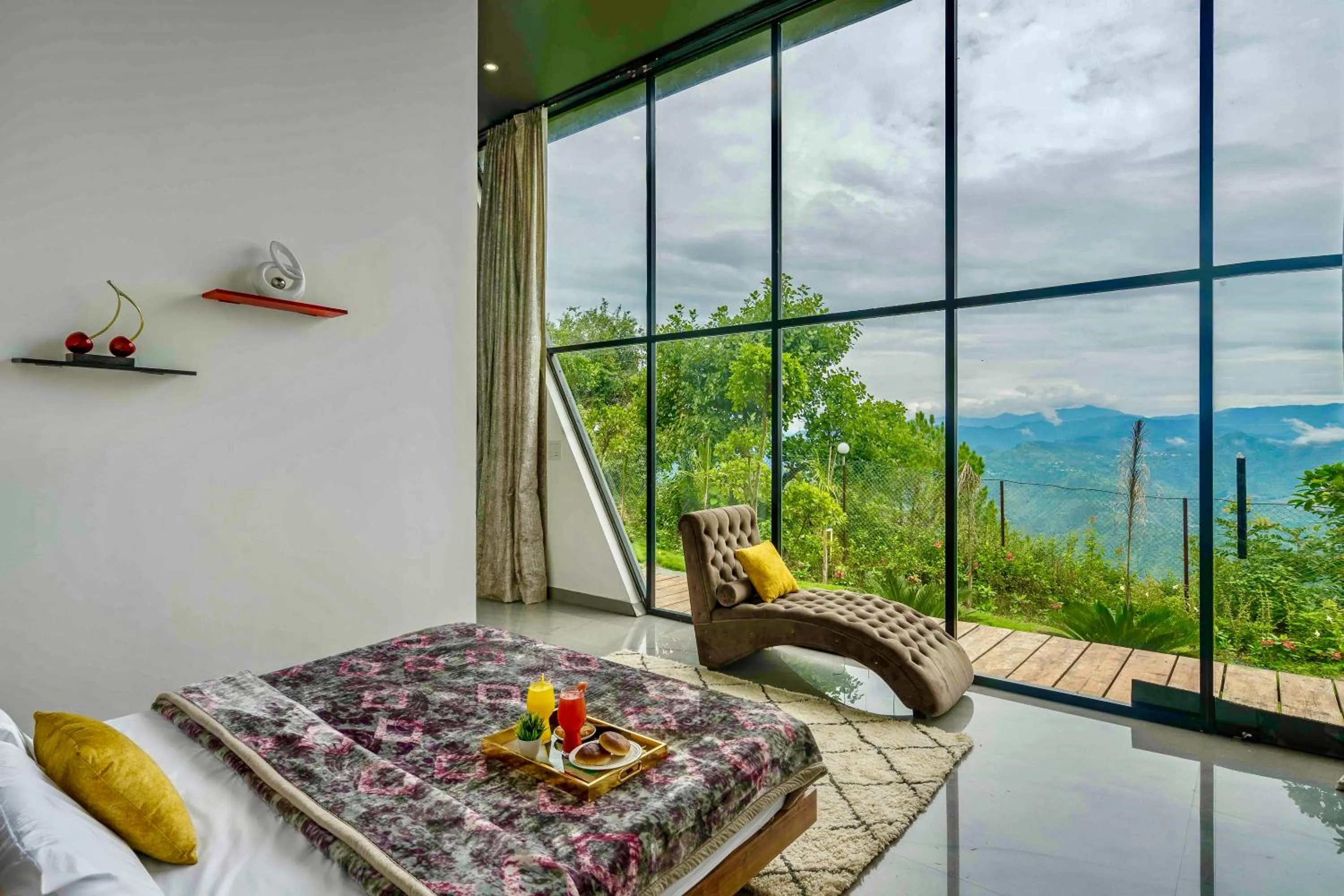 Bed in SaffronStays Glasshouse Celeste, Ranikhet - luxurious glass villa with breathtaking views