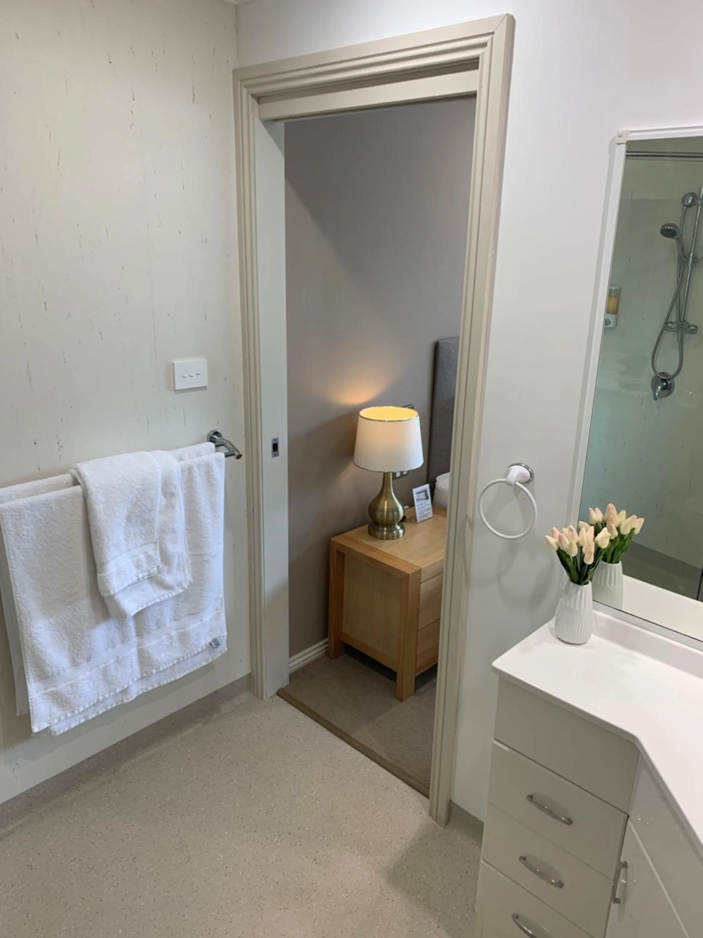 Bathroom, Bed in On The Terrace Stanley