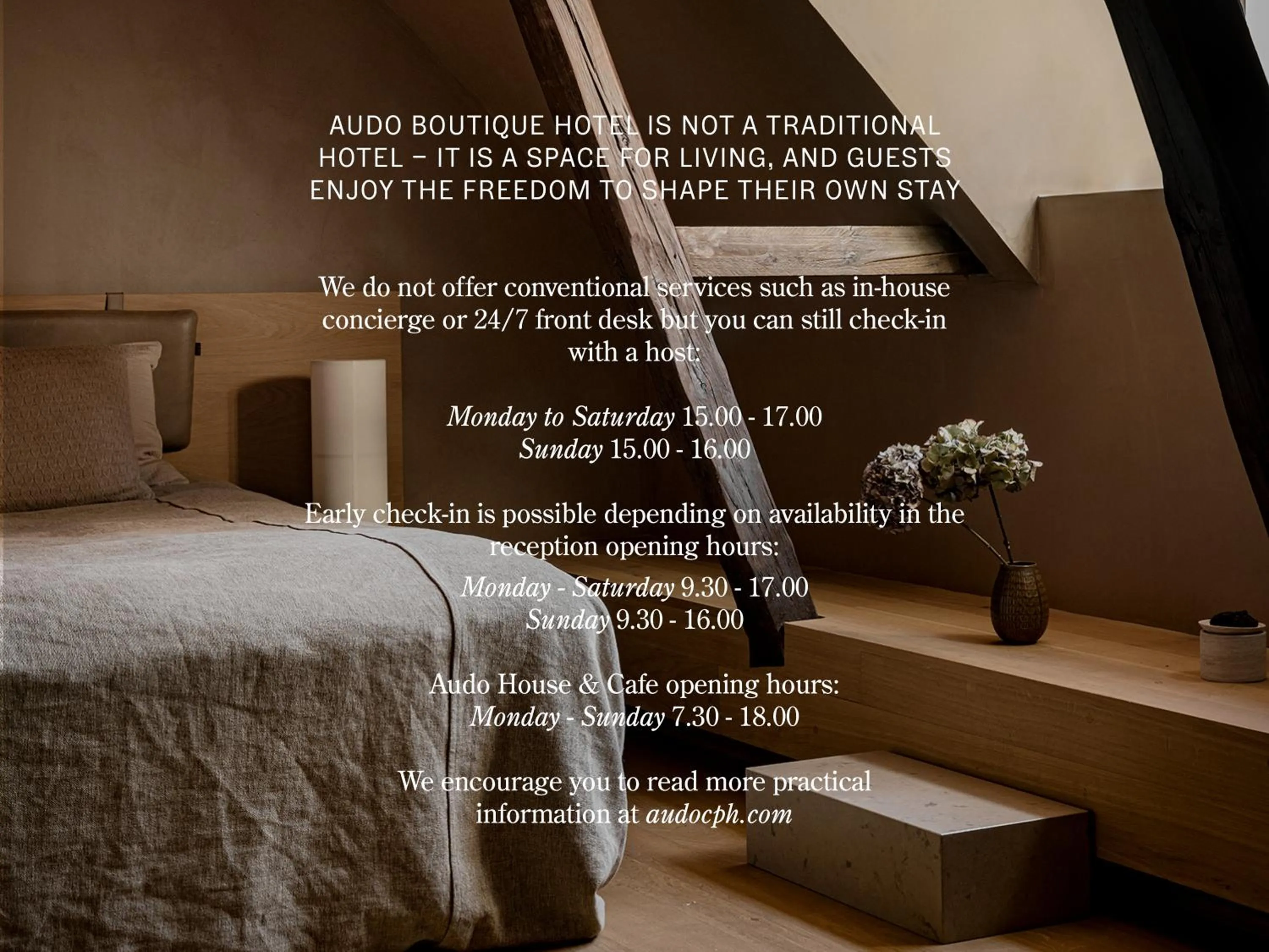 Text overlay, Bed in Audo Boutique Hotel