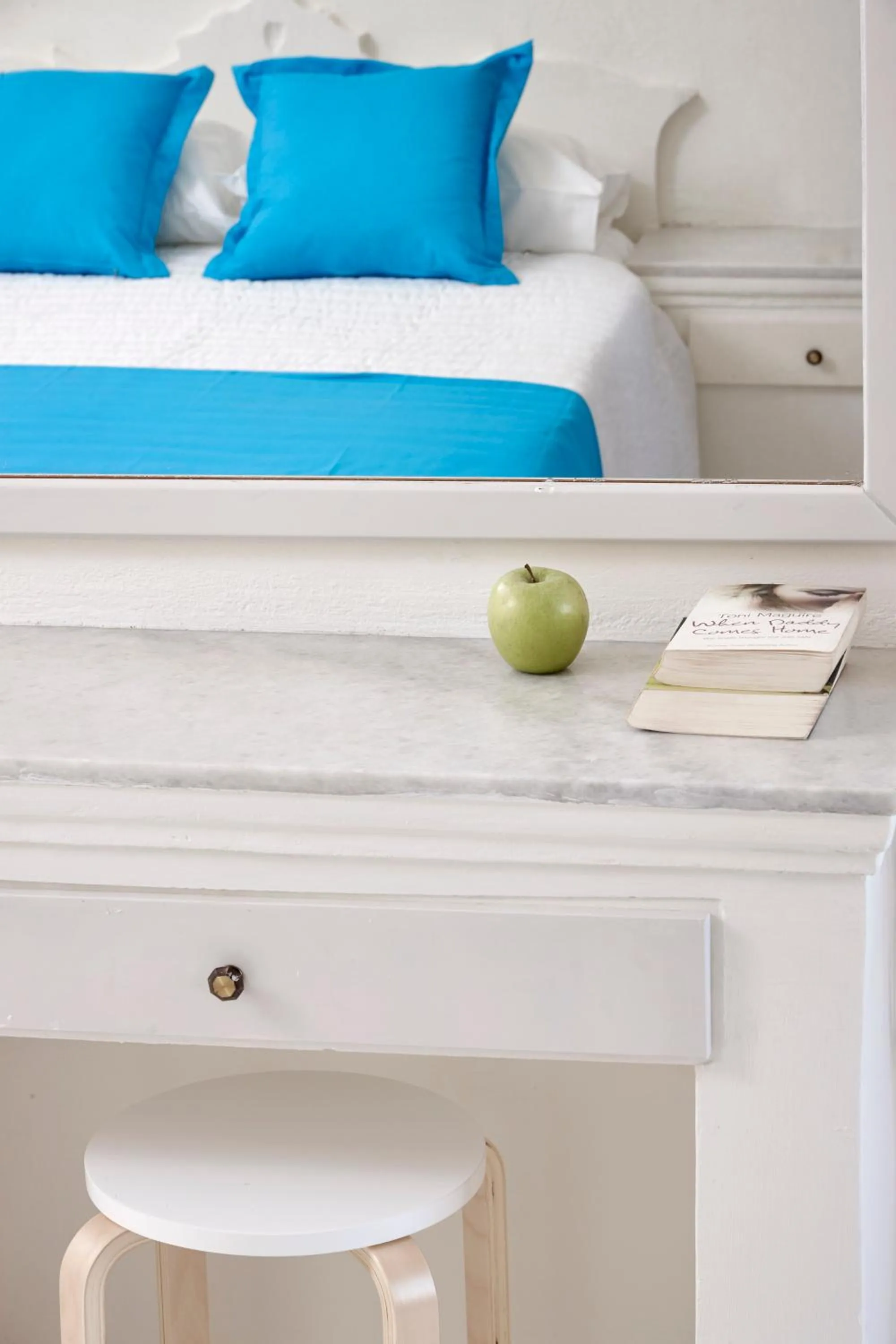 Decorative detail, Bed in Terra Blue Santorini