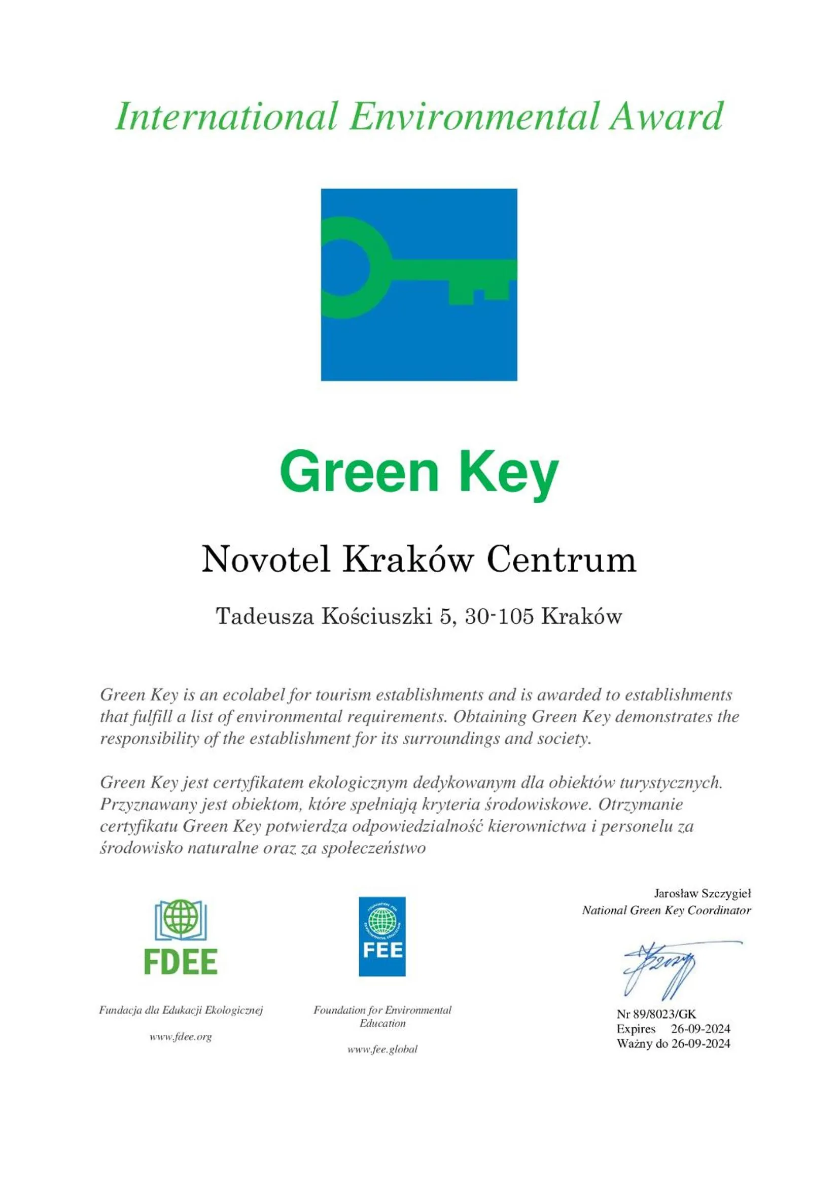 Logo/Certificate/Sign in Novotel Kraków Centrum