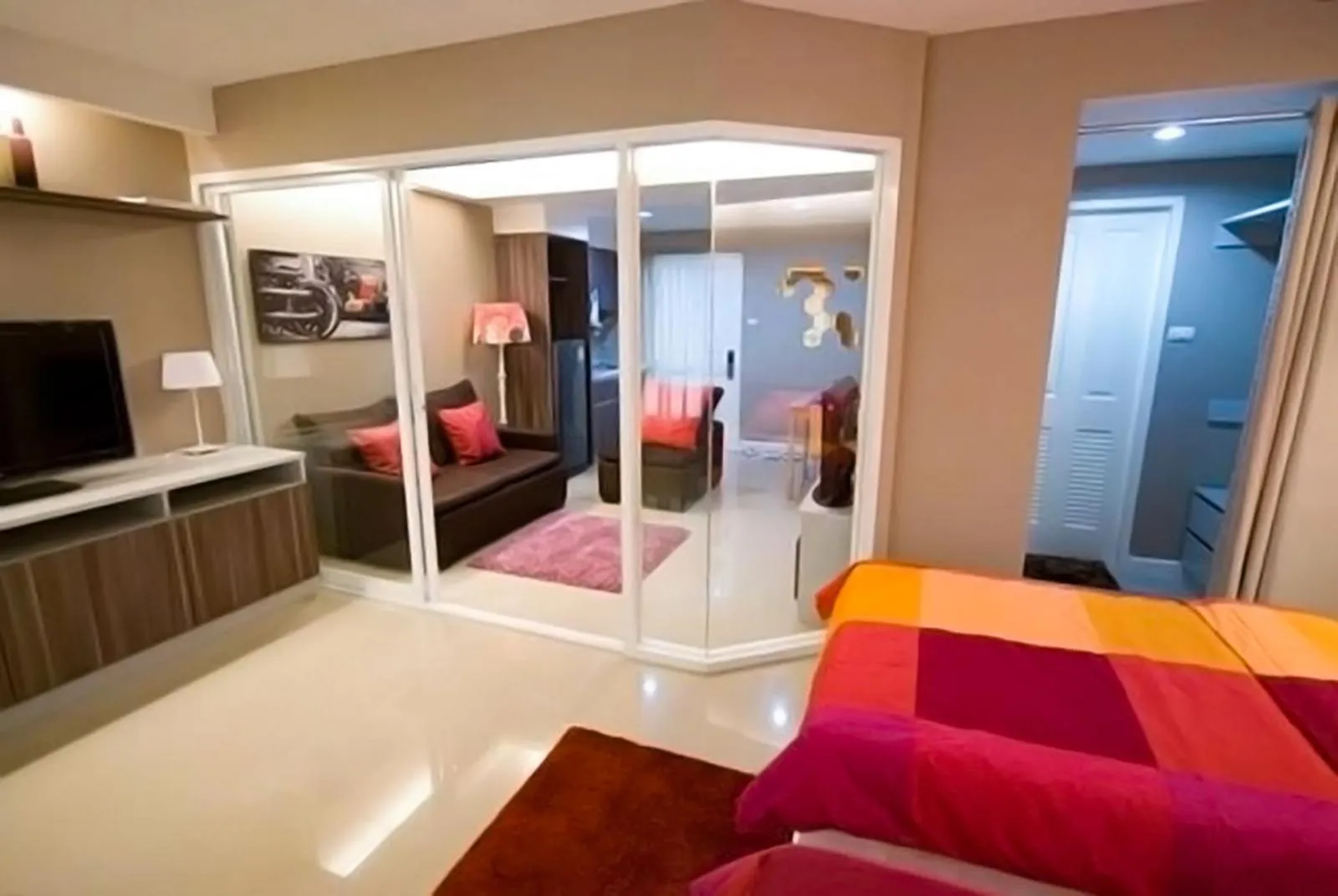 Living room, Bed in Jpark Residences at Thammasat Rangsit