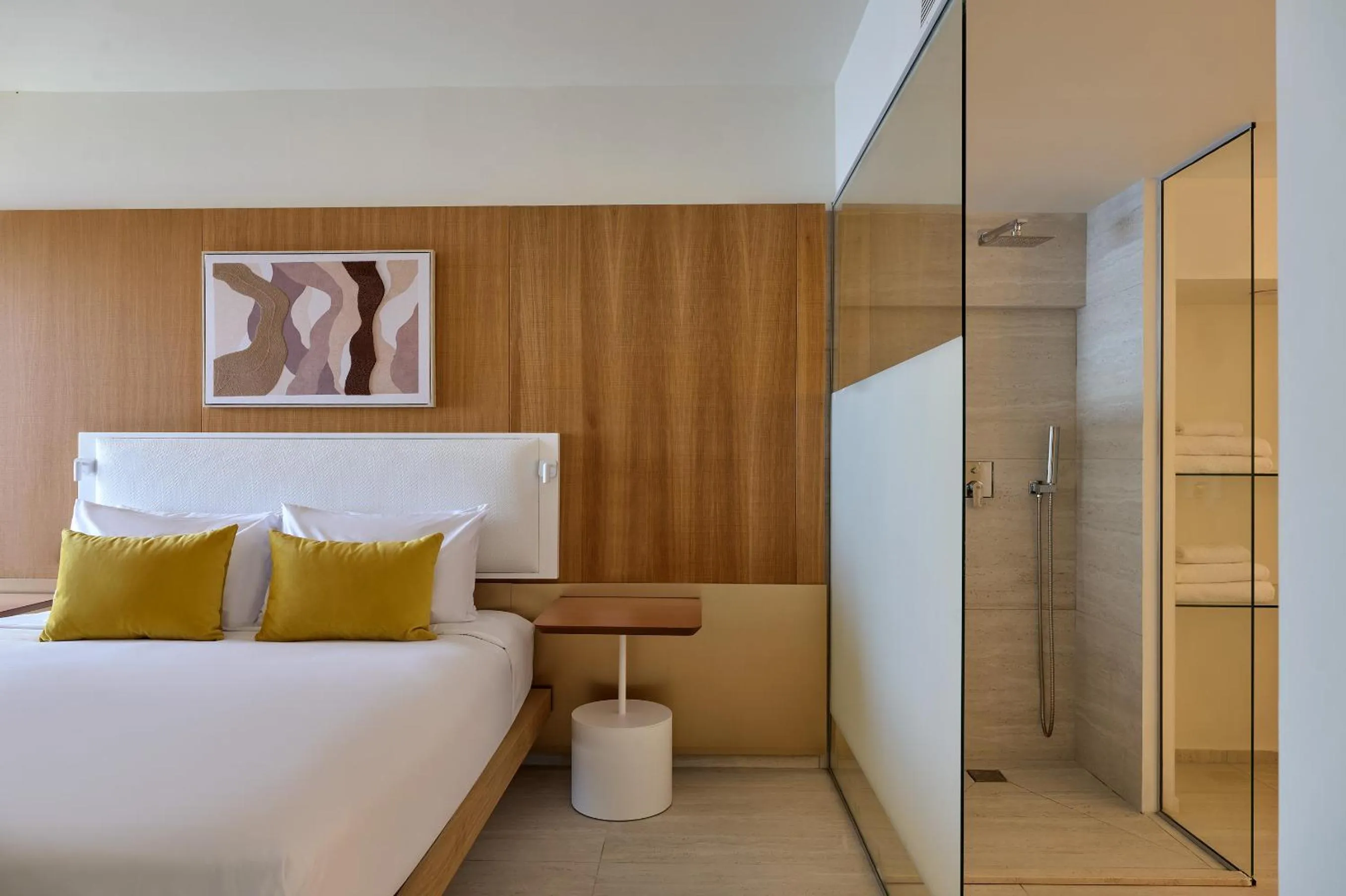 Bathroom, Bed in Atlantica Nissaki Beach - Adults Only