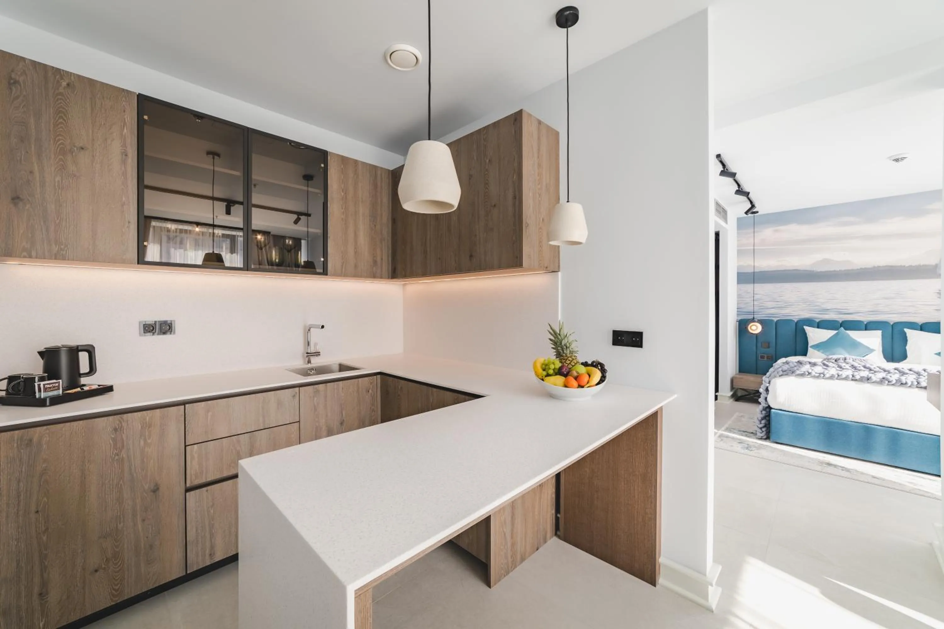 Kitchen or kitchenette, Bed in Hotel Aurel Coast