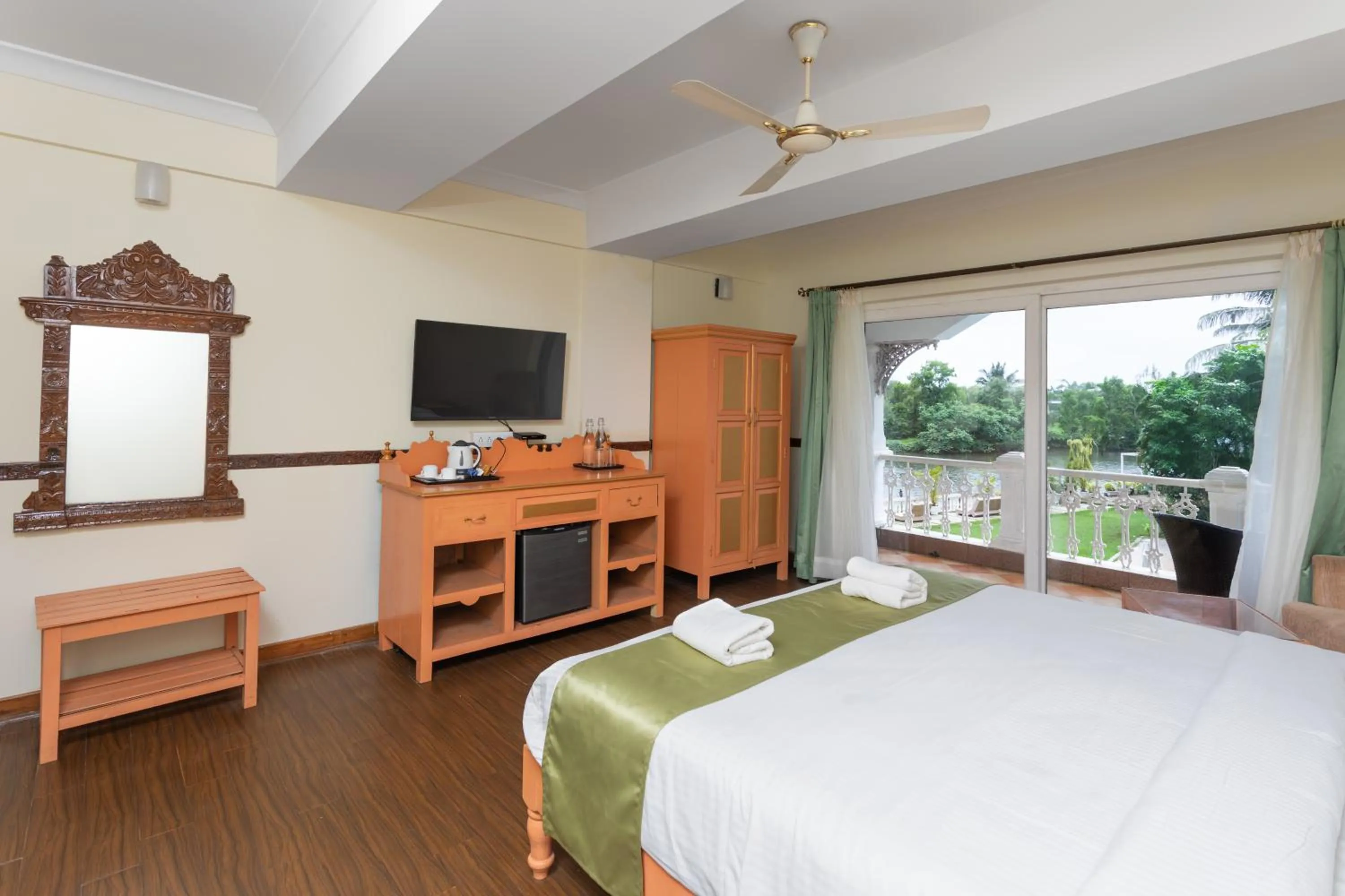 View (from property/room), Bed in Stone Wood Riverfront Resort, Siolim