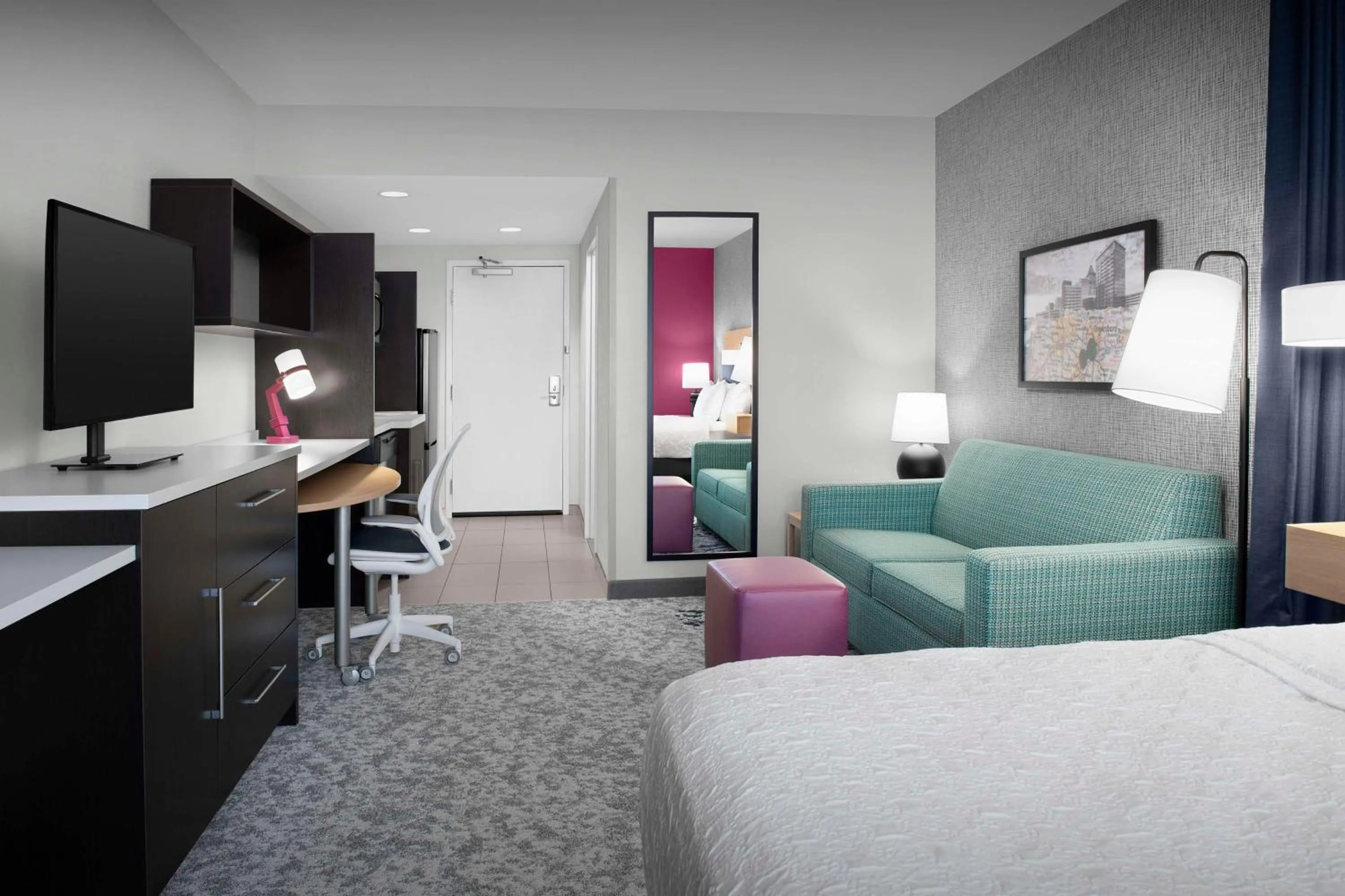 Living room, Bed in Home2 Suites by Hilton Greensboro Airport, NC