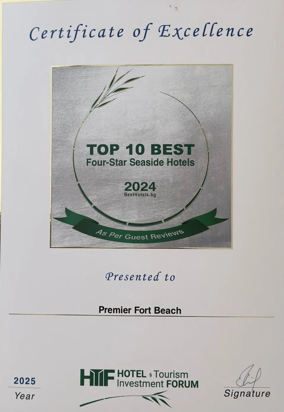 Certificate/Award in Premier Fort Beach Hotel