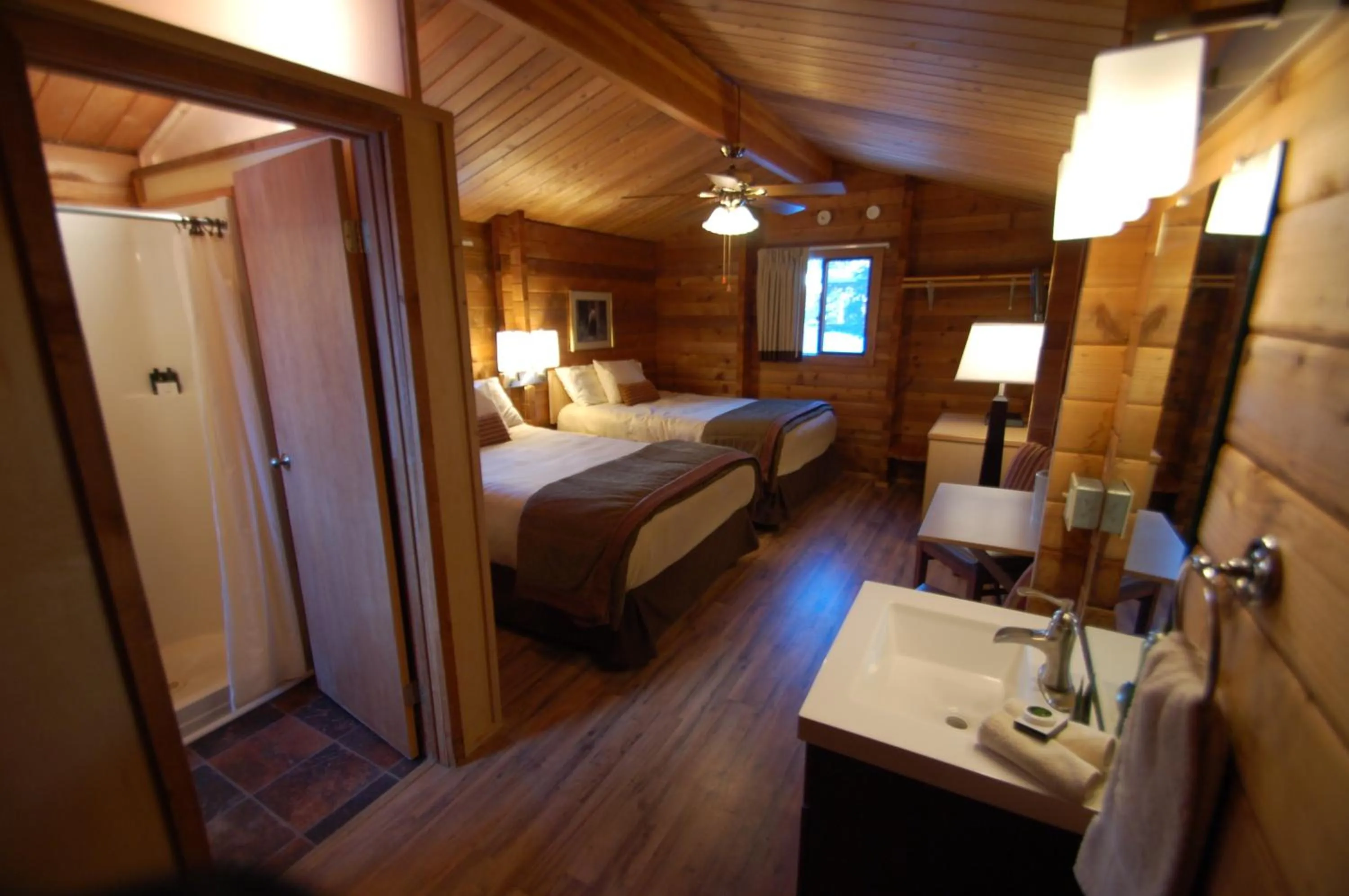 Shower, Bed in Denali Cabins