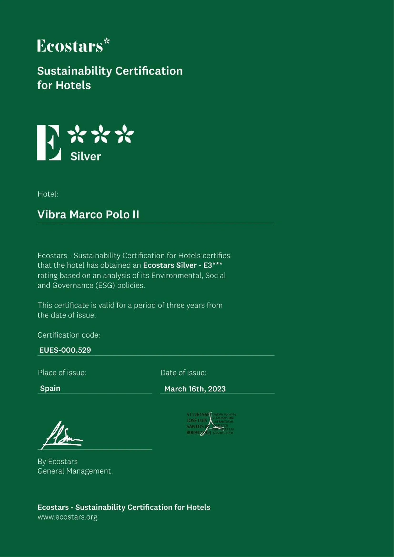 Certificate/Award in Hotel Vibra Marco Polo II - Adults only
