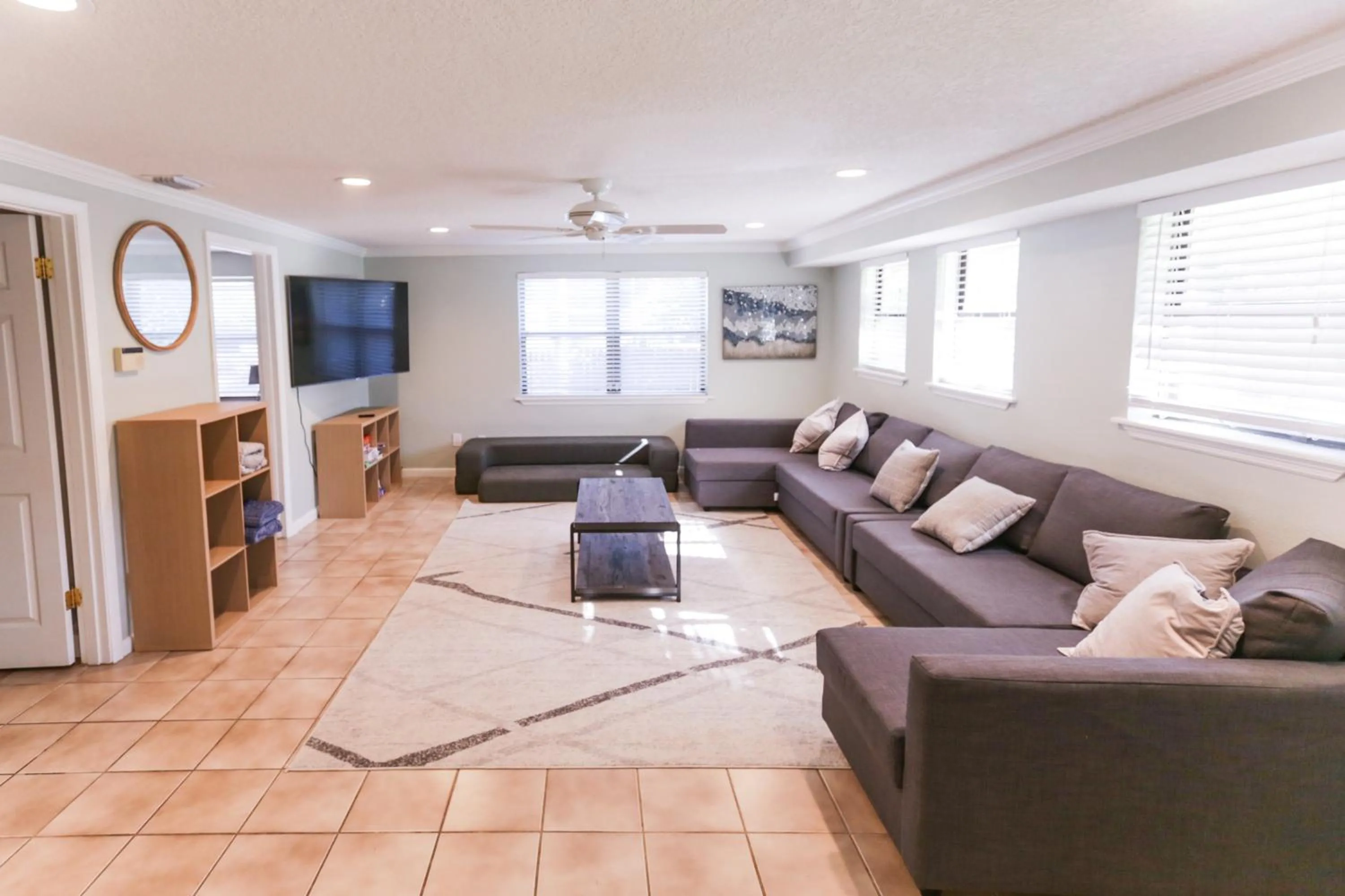 Living room in Pool & Hot Tub Home w Game Room! 1 Mile to Beach!