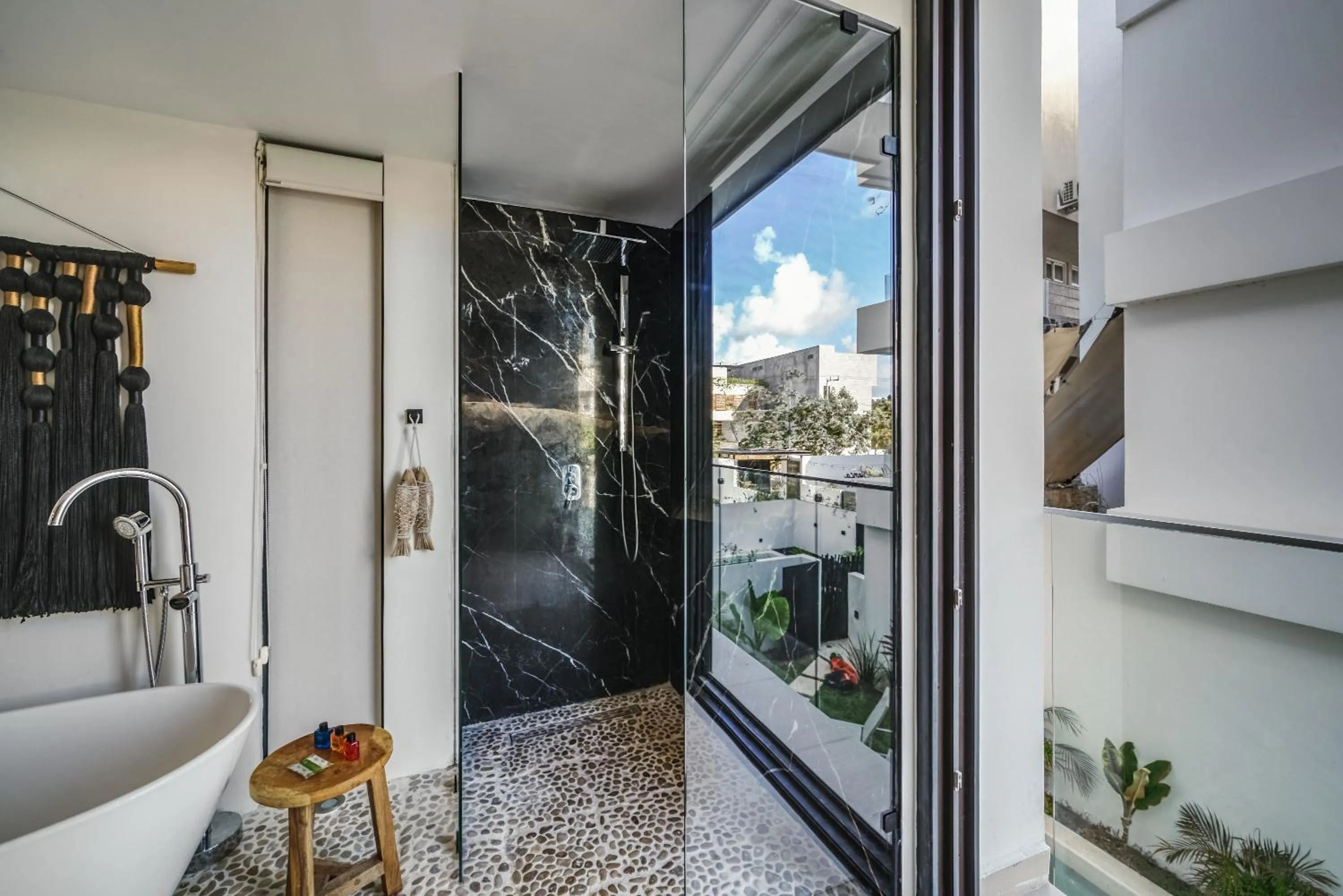 Shower in 2BR Coworking Freestanding Bathtub Private Pool