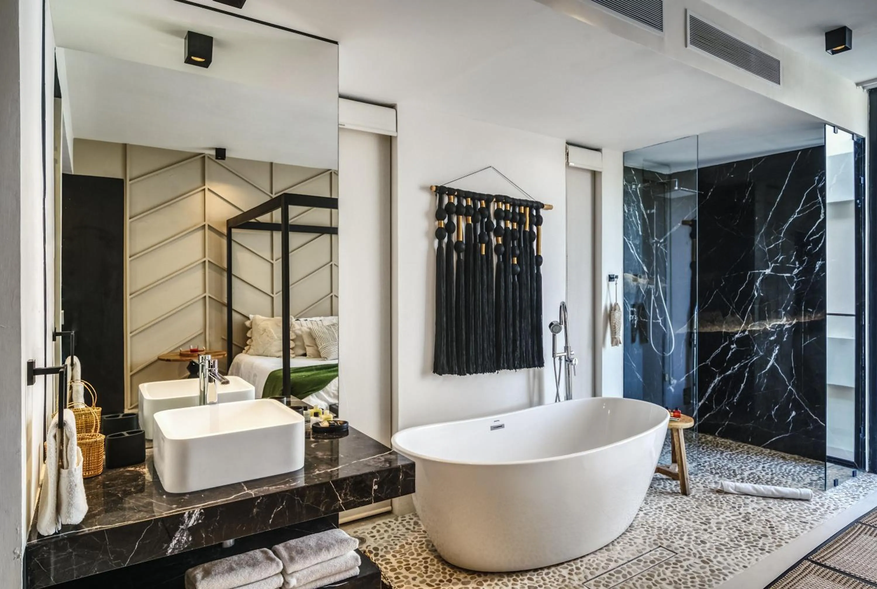 Shower in 2BR Coworking Freestanding Bathtub Private Pool