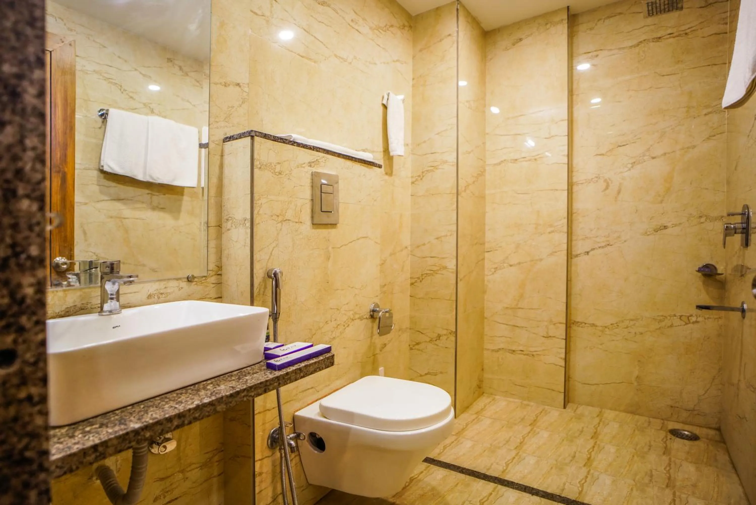 Bathroom in Pax Hotel Grand Blue 3 min walk from Udaipur city Railway Station