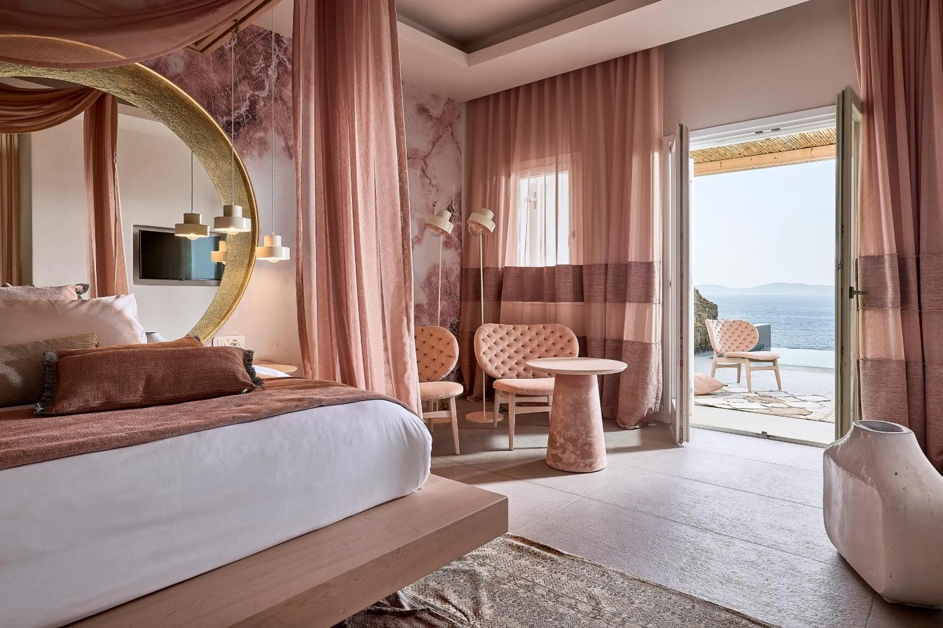 Bed in Amazon Mykonos Suites & Spa