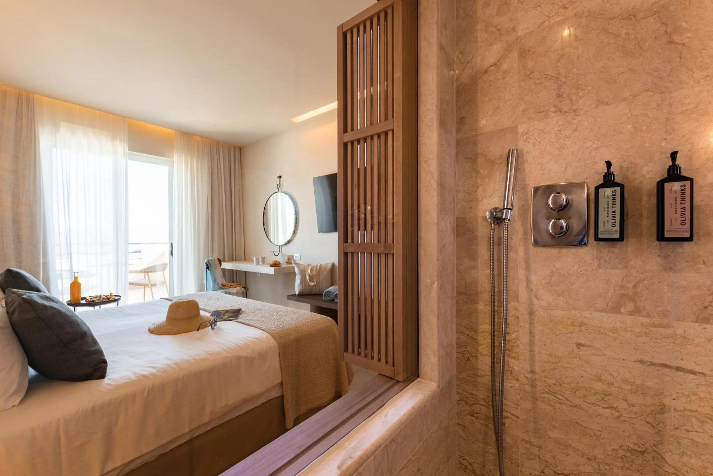 Bathroom, Bed in Lindos Mare, Seaside Hotel