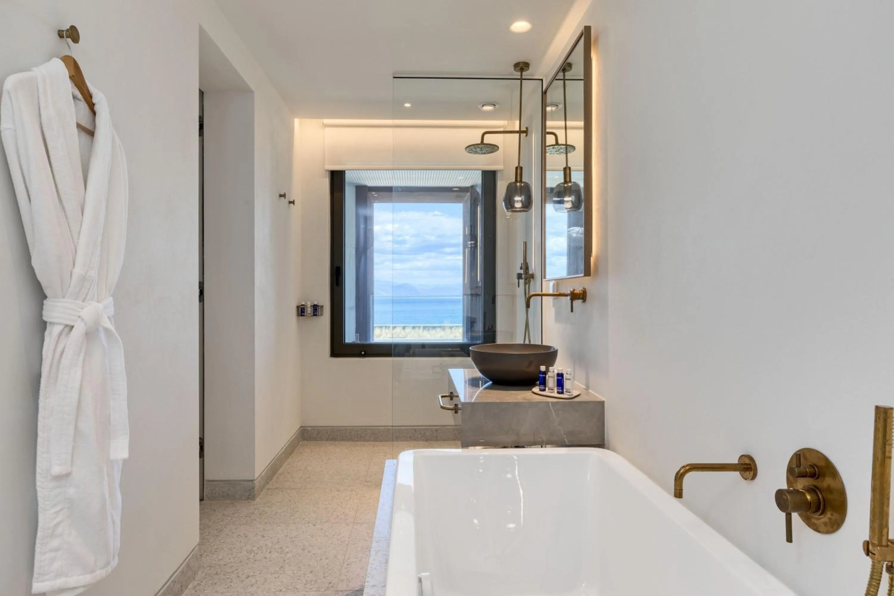 Bathroom, Bed in Domes Miramare, a Luxury Collection Resort, Corfu - Adults Only