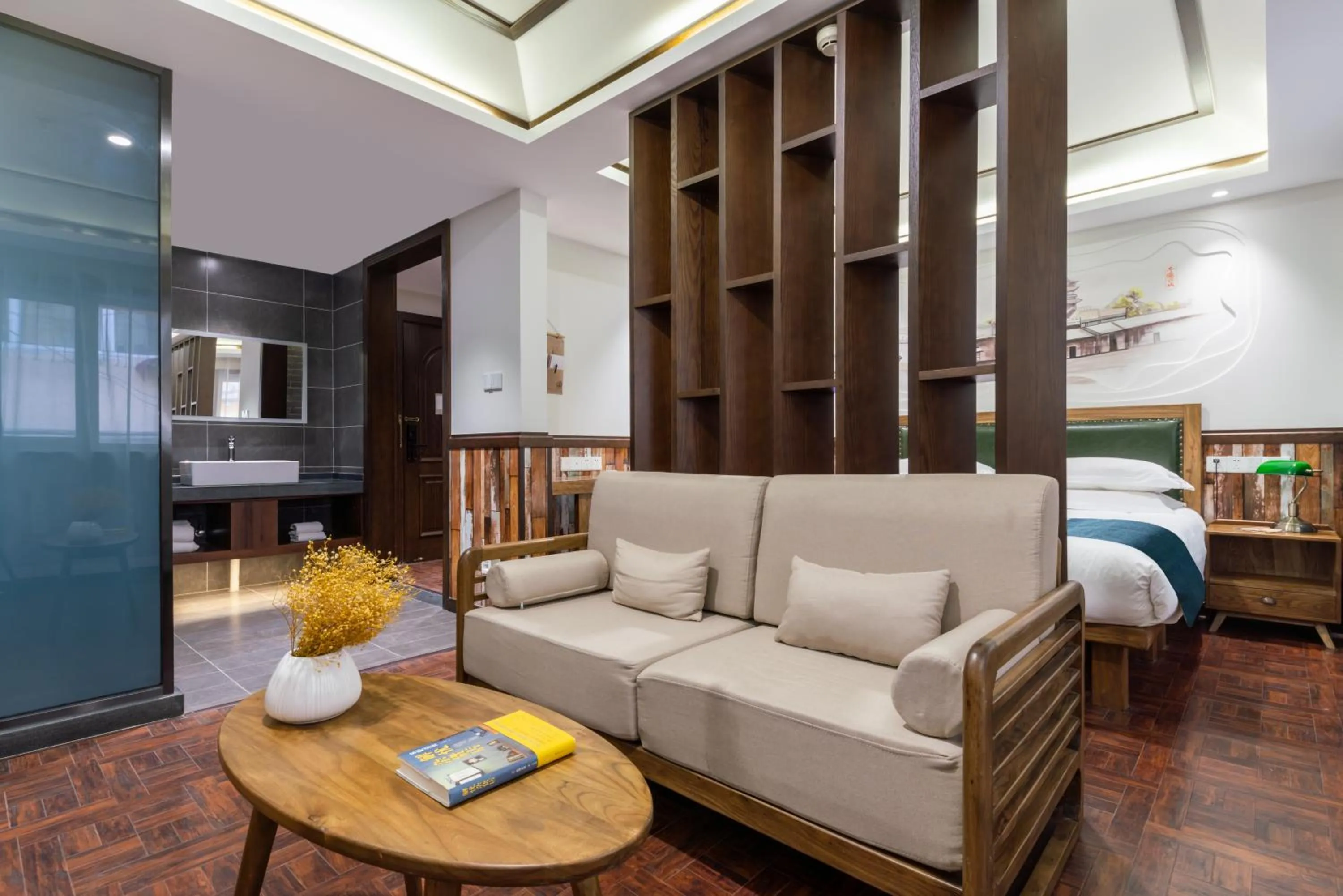 Seating area, Bed in Nost algia Hotel Near University of Technology -Shanxi museum 时光漫步酒店 山西博物院太原理工大学店 Free fresh ground coffee,Free laundry service