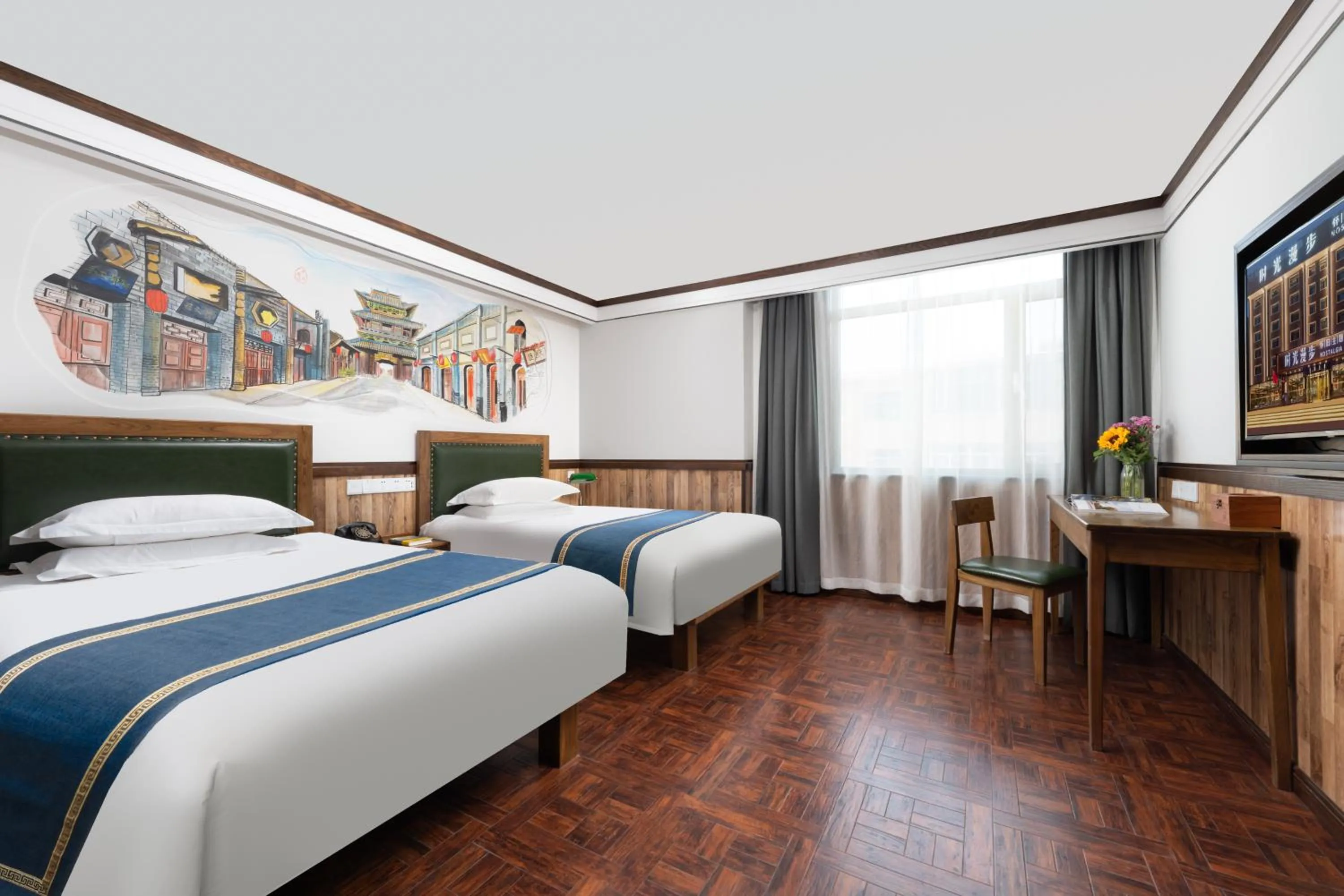 Bed in Nost algia Hotel Near University of Technology -Shanxi museum 时光漫步酒店 山西博物院太原理工大学店 Free fresh ground coffee,Free laundry service