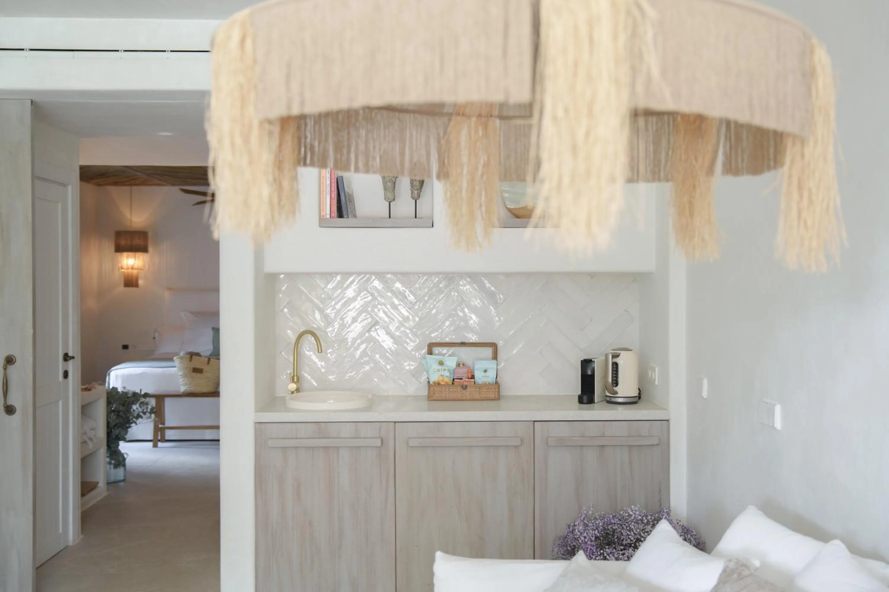 kitchen, Bed in Mar Suites Formentera by Universal Beach Hotels
