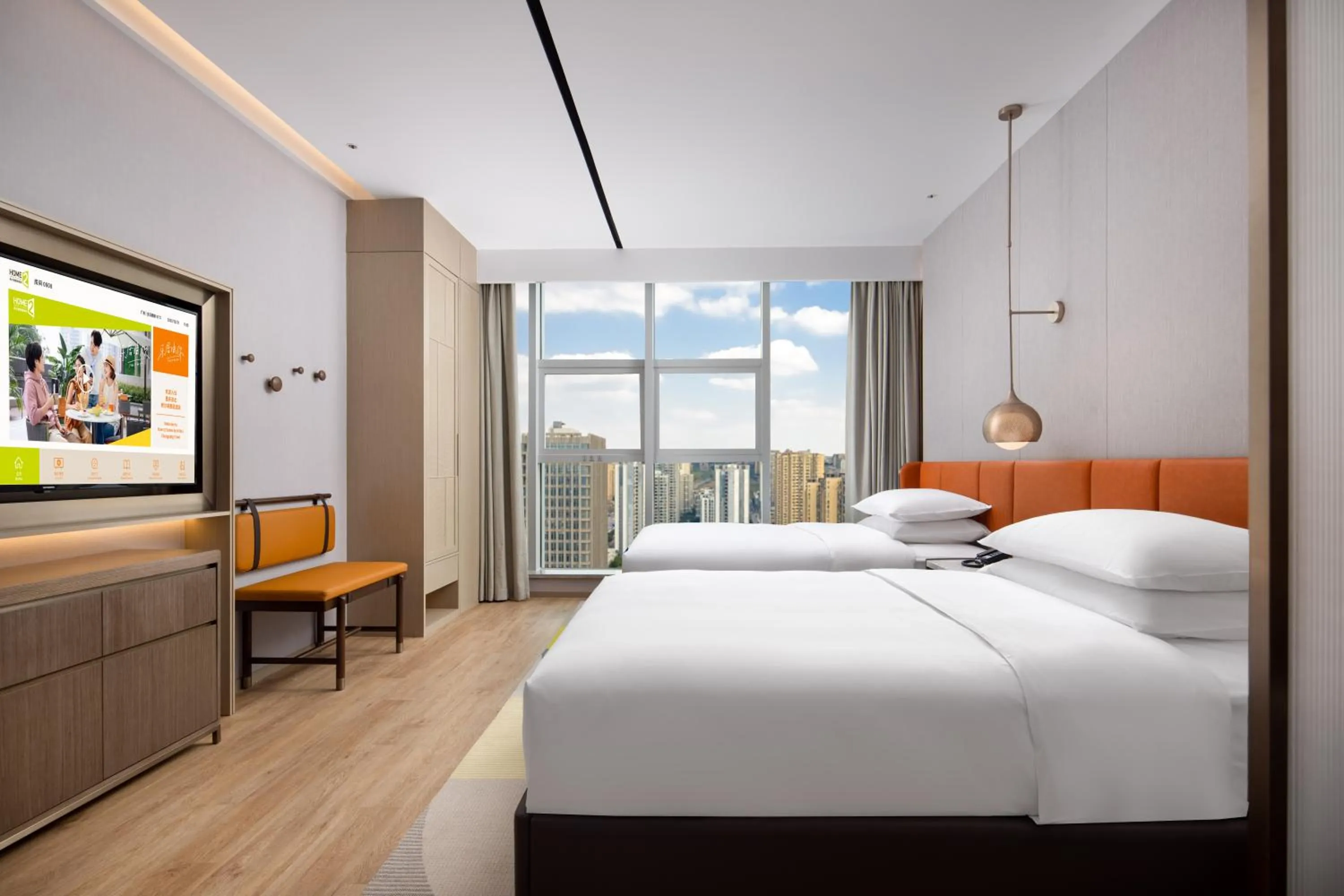 Communal lounge/ TV room, Bed in Home2 Suites by Hilton Chongqing Yubei