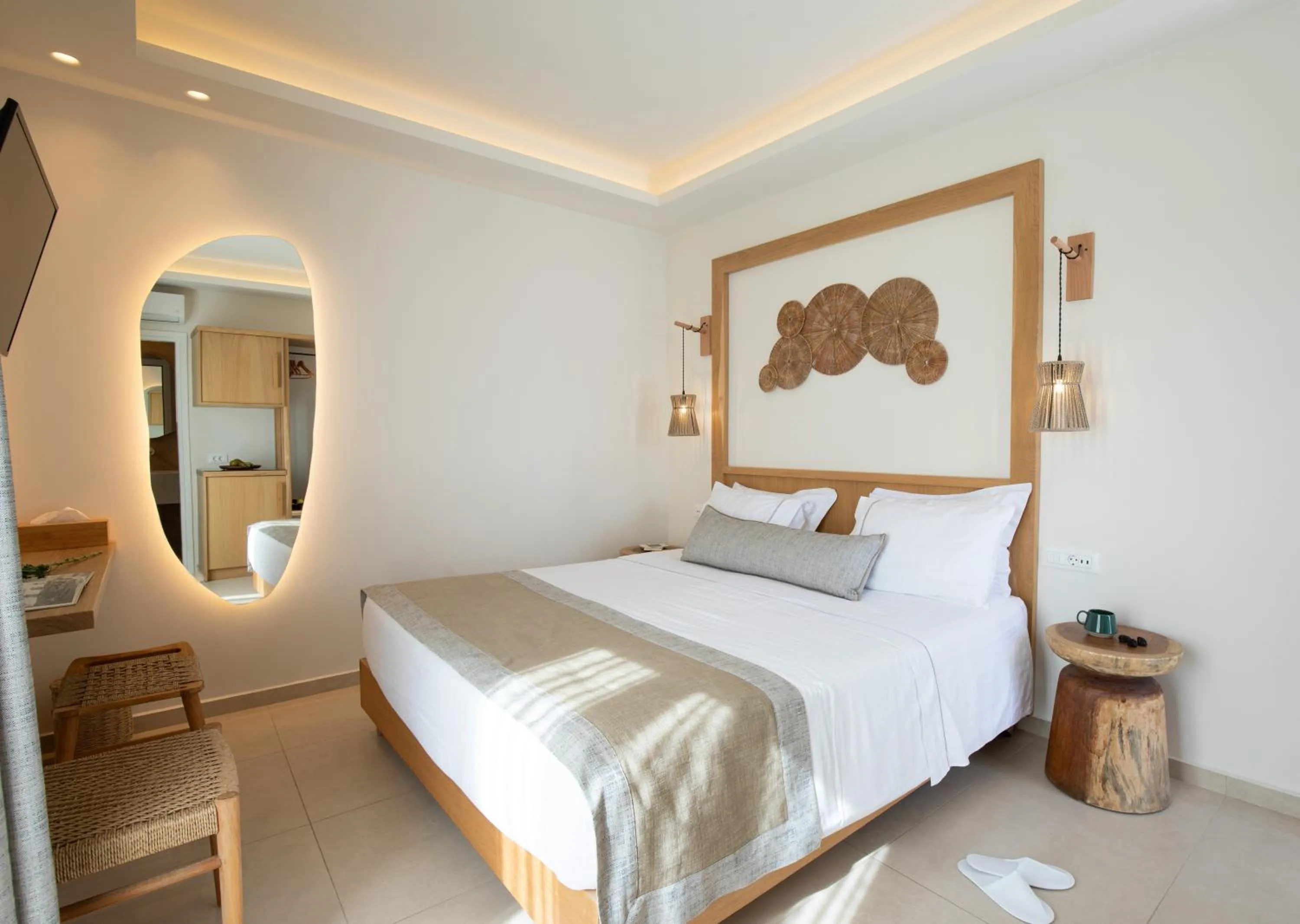 Bed in Damianos Mykonos Hotel