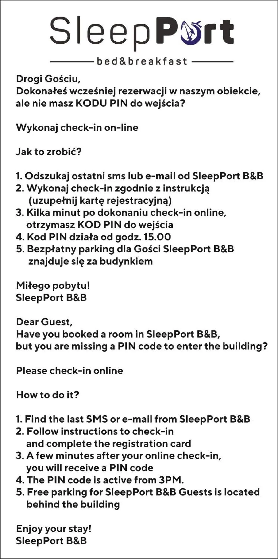 Sleep Port B&B - bezpłatny parking