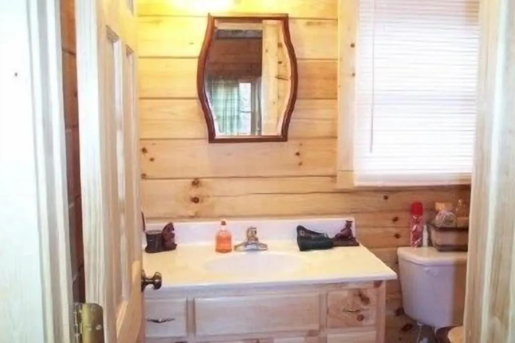 Bathroom in Alpenhaus Cabins Real Log Home in Helen Ga Mountains with hot tub and balconies