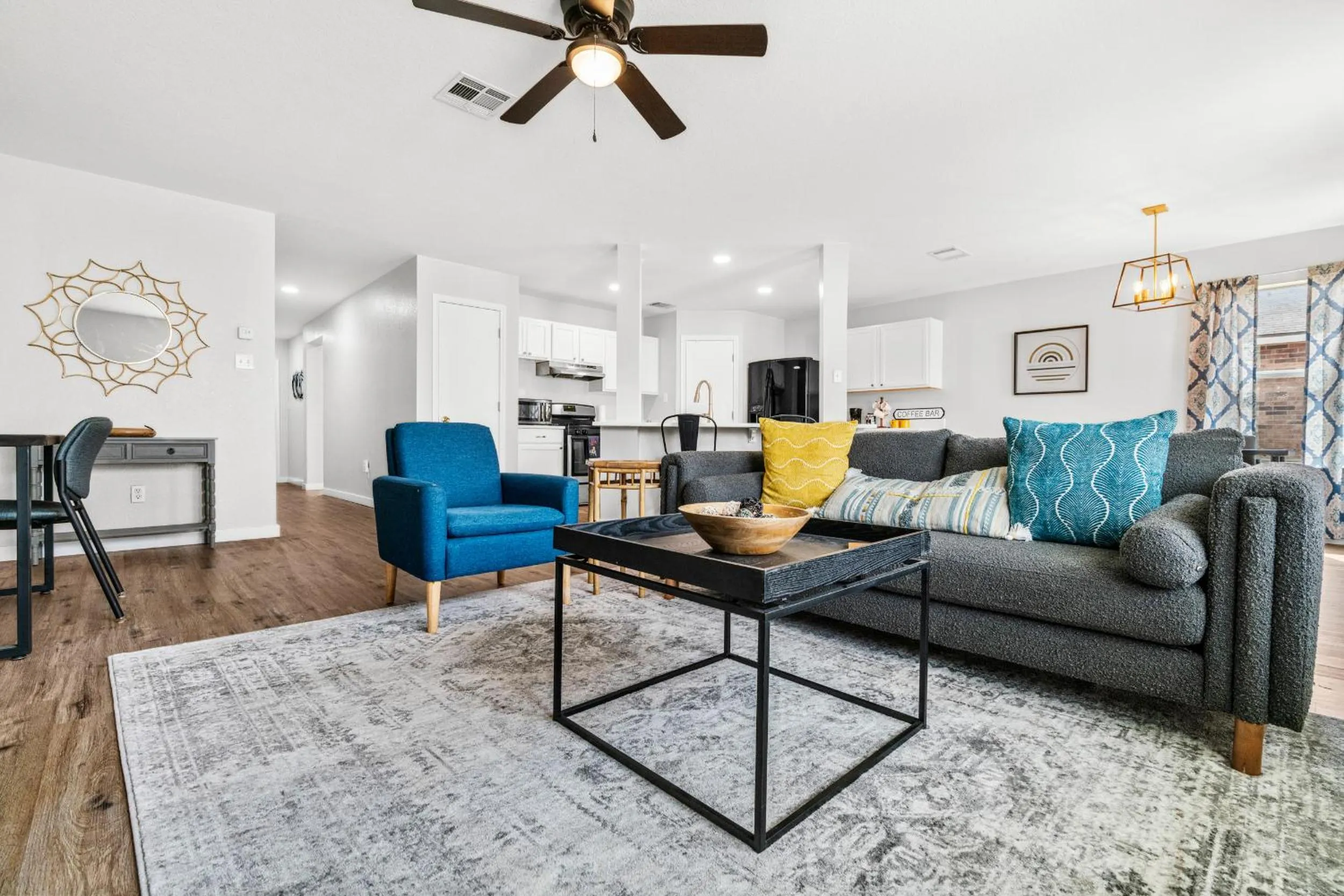 Living room in Modern, family friendly home w garage, huge yard!