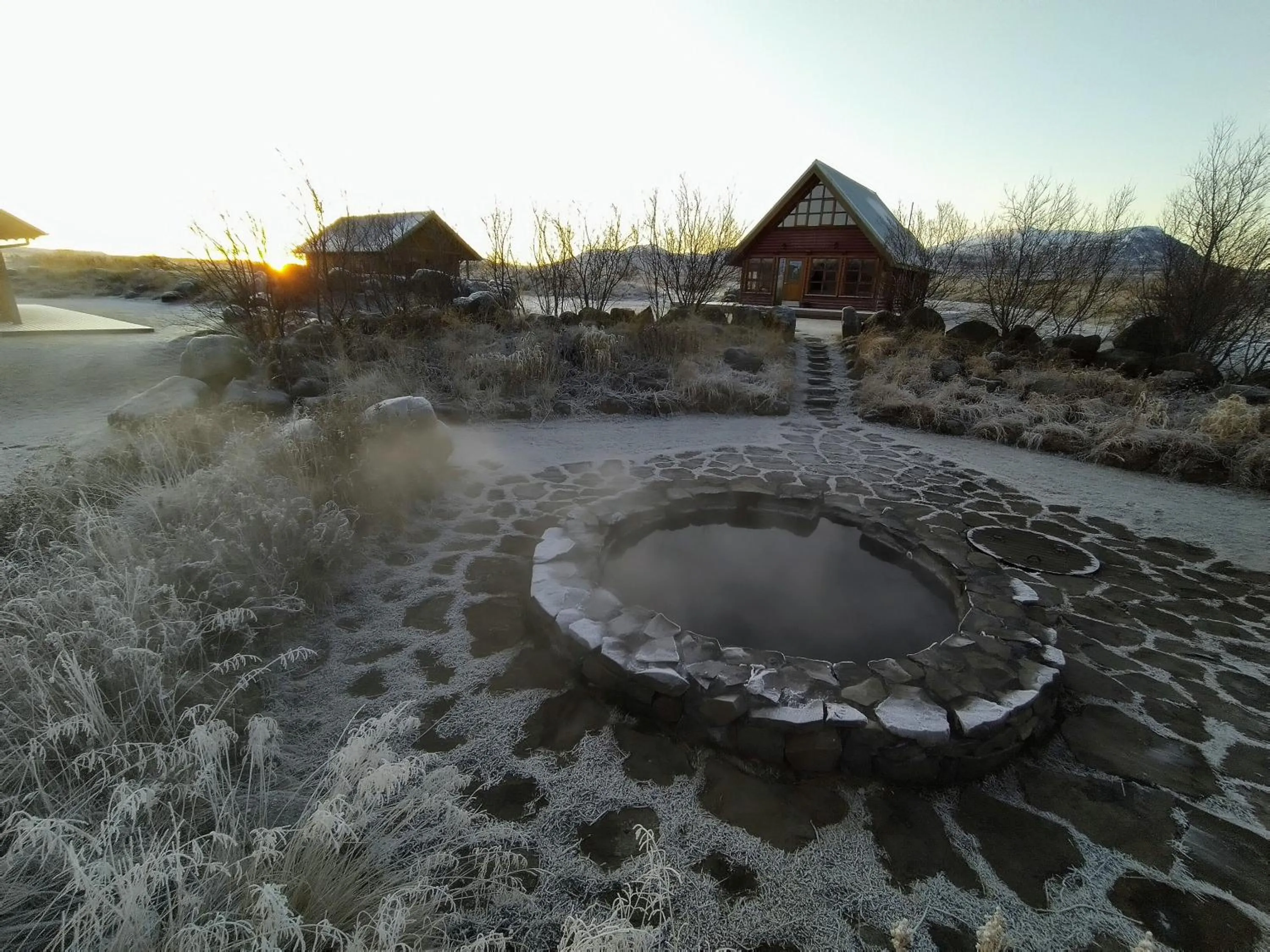 Pool view in Hestasport Cottages