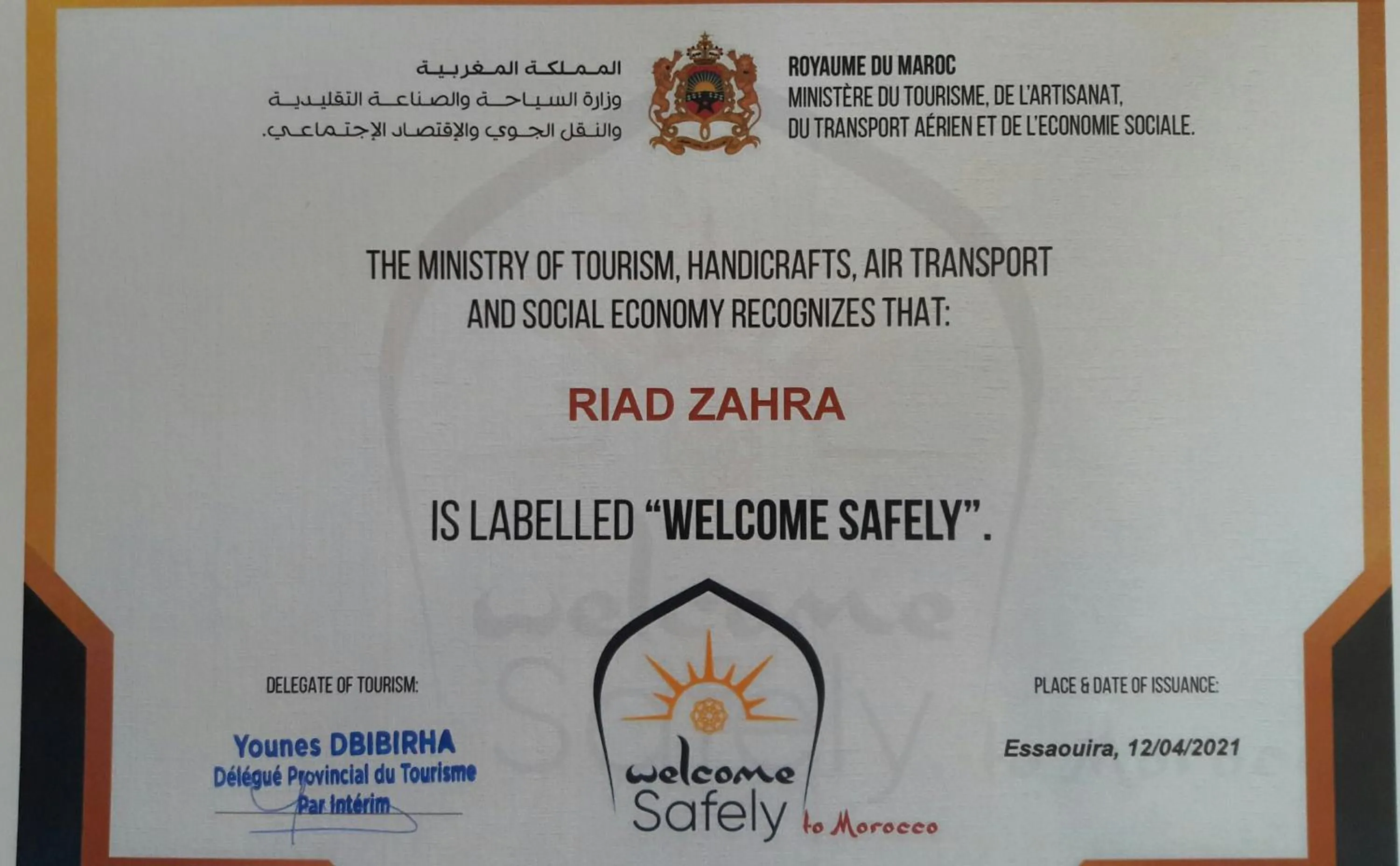 Certificate/Award in Riad Zahra
