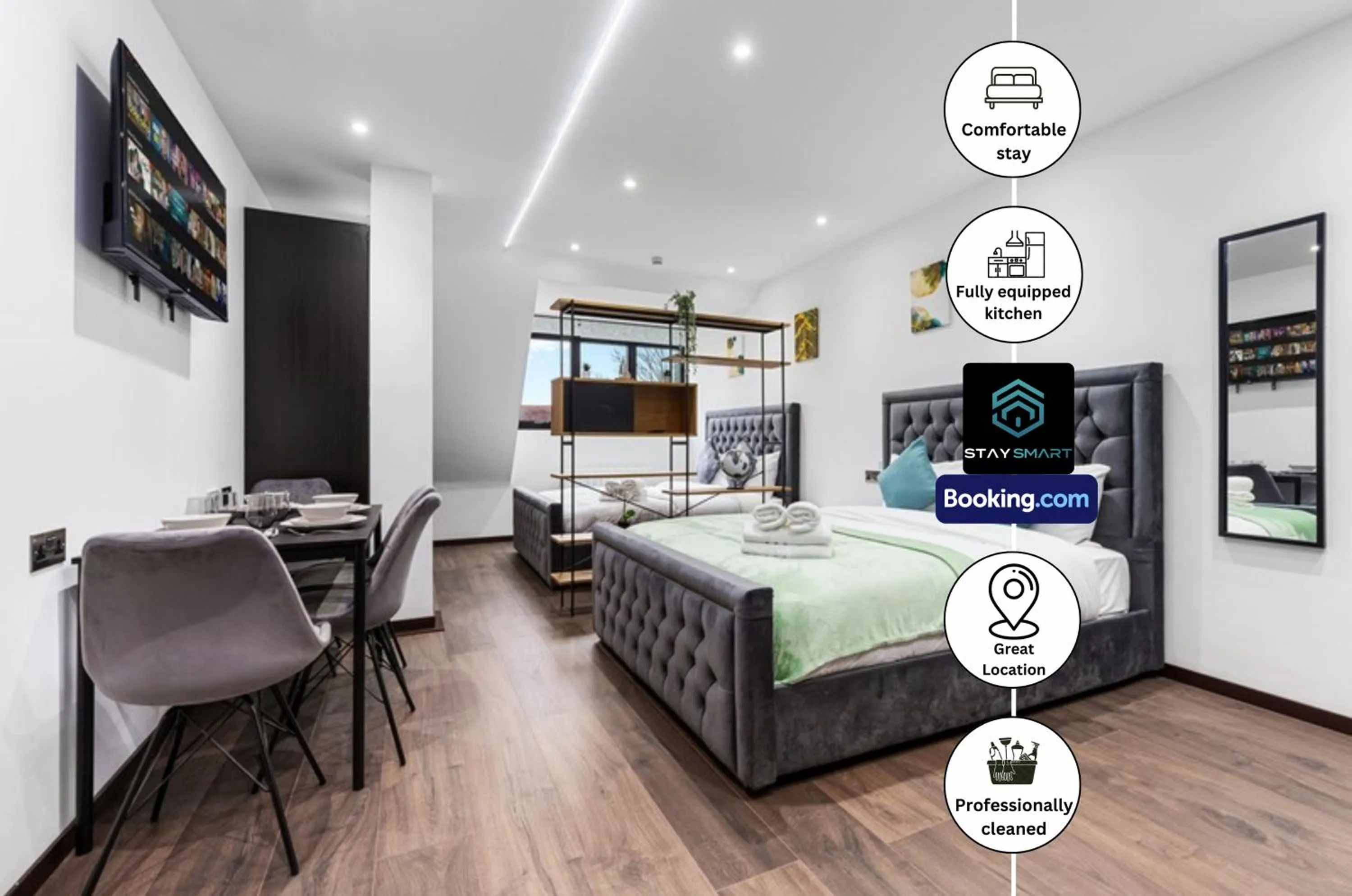 Bed in Stylish Studio Apt By Stay Smart Short Lets & Serviced Accommodation Woodstock With Free WiFi