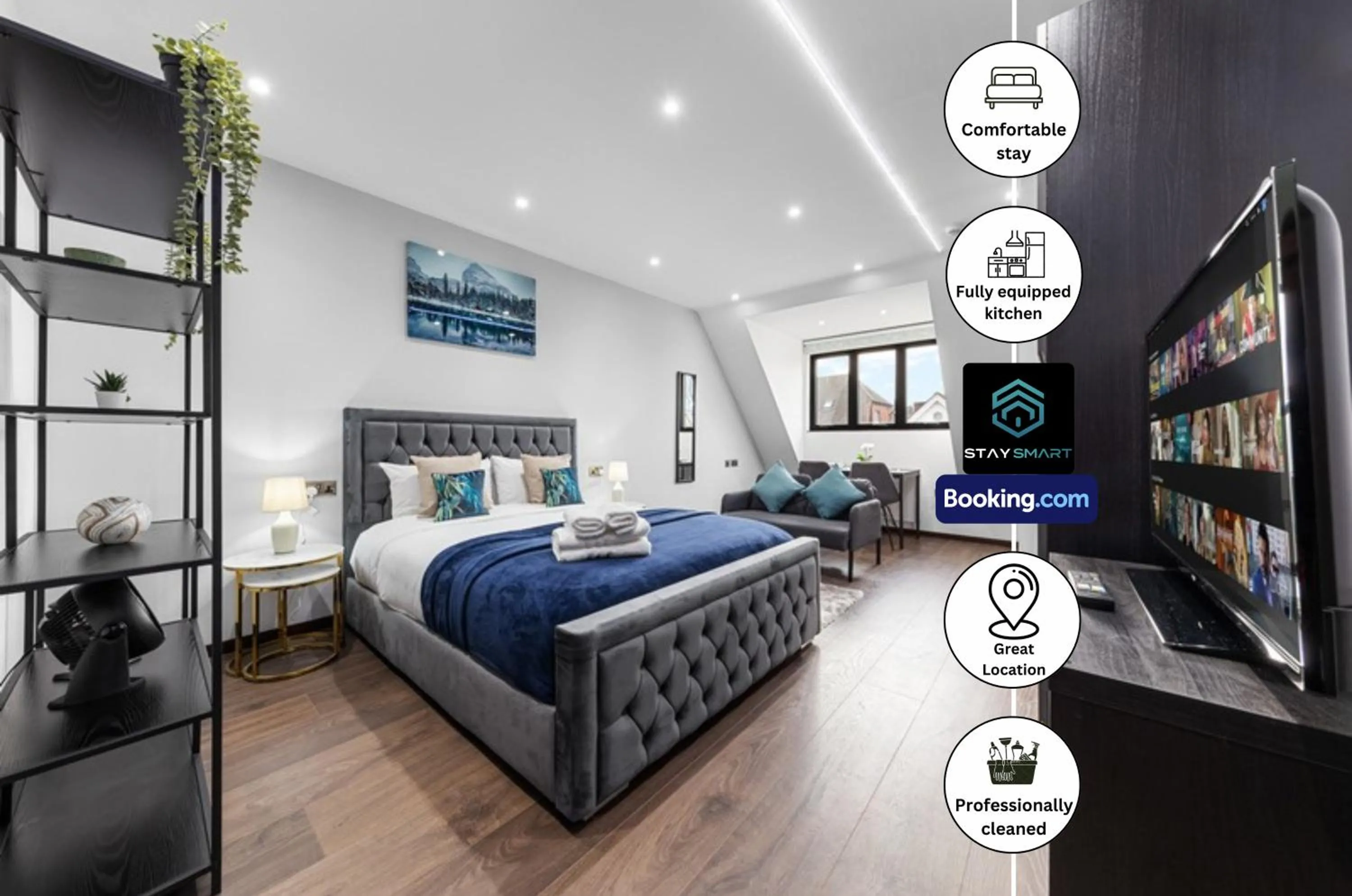 Bed in Stylish Studio Apt By Stay Smart Short Lets & Serviced Accommodation Woodstock With Free WiFi